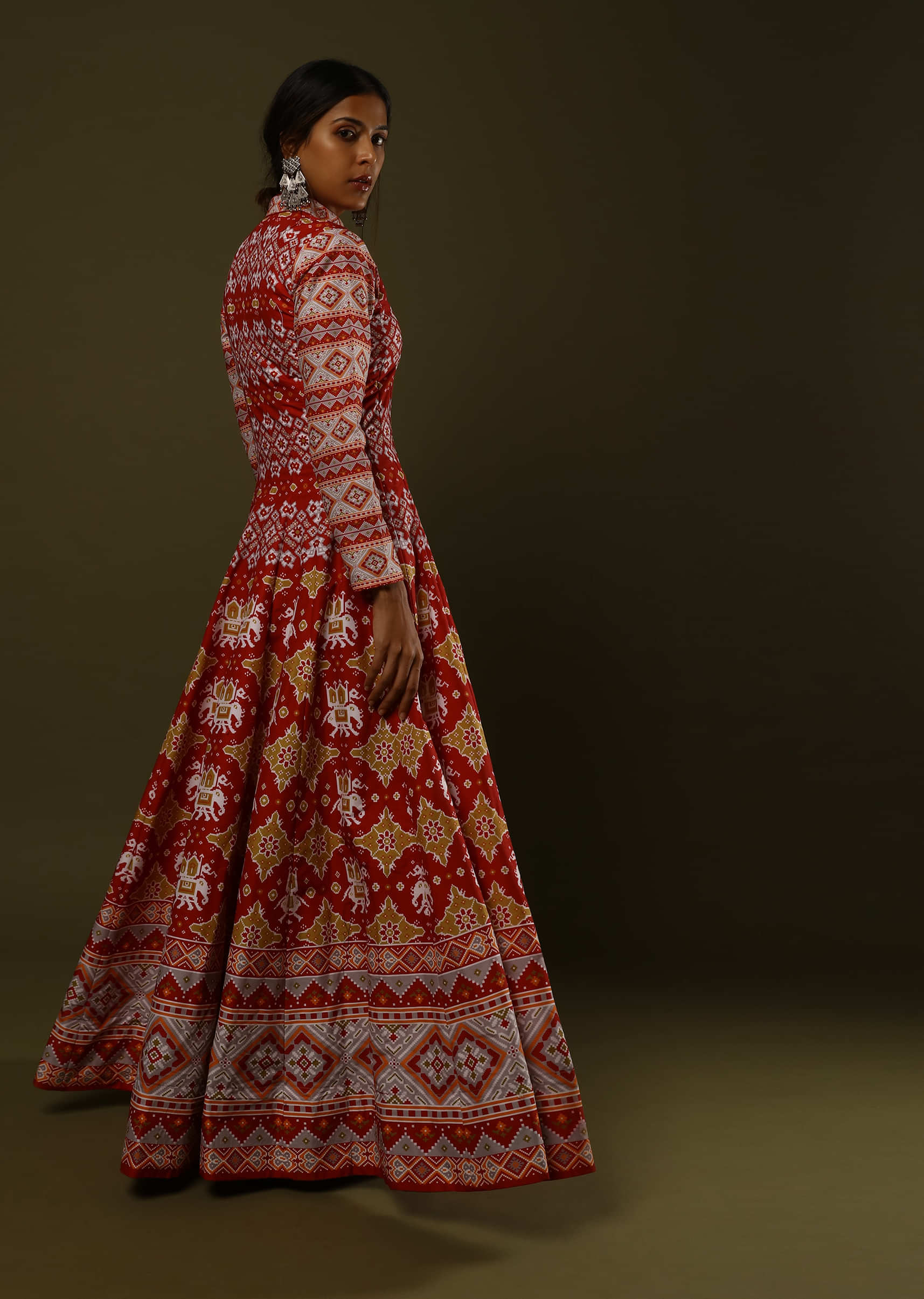 Apple Red Anarkali Suit In Cotton Silk With Patola Print All Over And Grey Patola Border  - Kalki Fashion