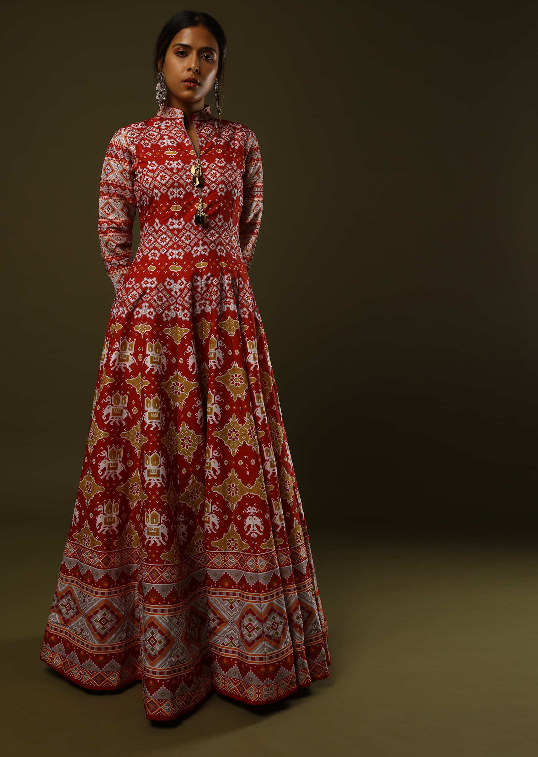 Apple Red Anarkali Suit In Cotton Silk With Patola Print All Over And Grey Patola Border  - Kalki Fashion