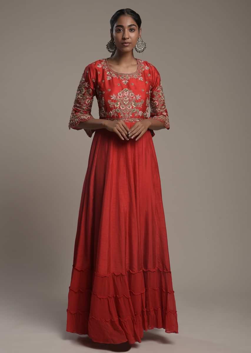 Buy Apple Red Indowestern Anarkali In Cotton Silk With Zardosi And ...
