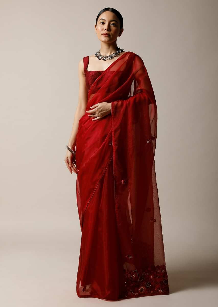 Apple Red Saree In Organza With Bud Embroidered Floral Buttis And Pallu Along With Unstitched Blouse