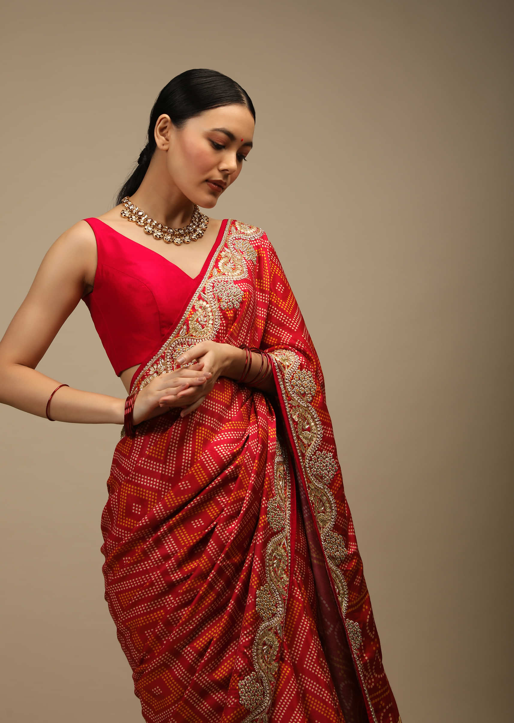 Apple Red Saree In Satin With Dot Print And Brocade Pallu Adorned In Gotta Patti Embroidered Ethnic Motifs Online - Kalki Fashion