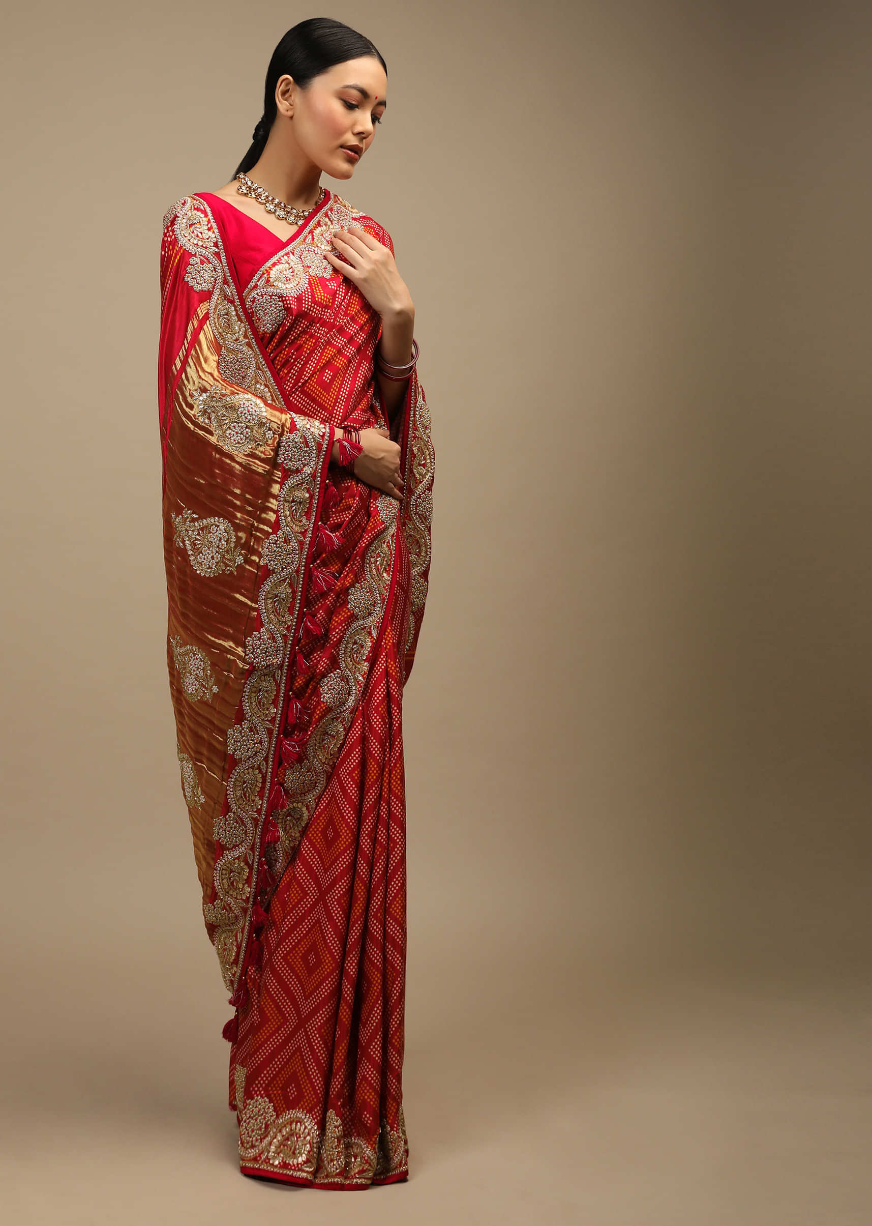 Apple Red Saree In Satin With Dot Print And Brocade Pallu Adorned In Gotta Patti Embroidered Ethnic Motifs Online - Kalki Fashion