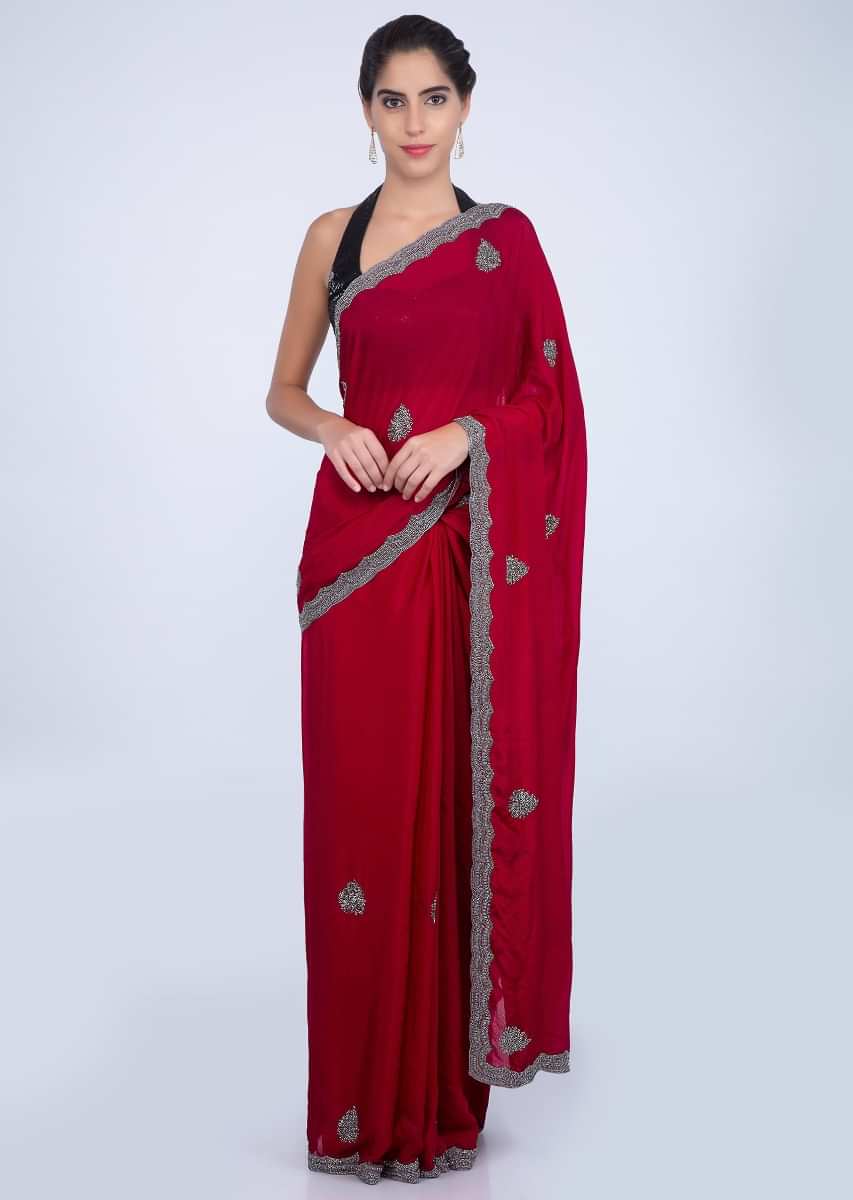 Apple red satin chiffon saree with butti and scallop embroidered border only on kalki