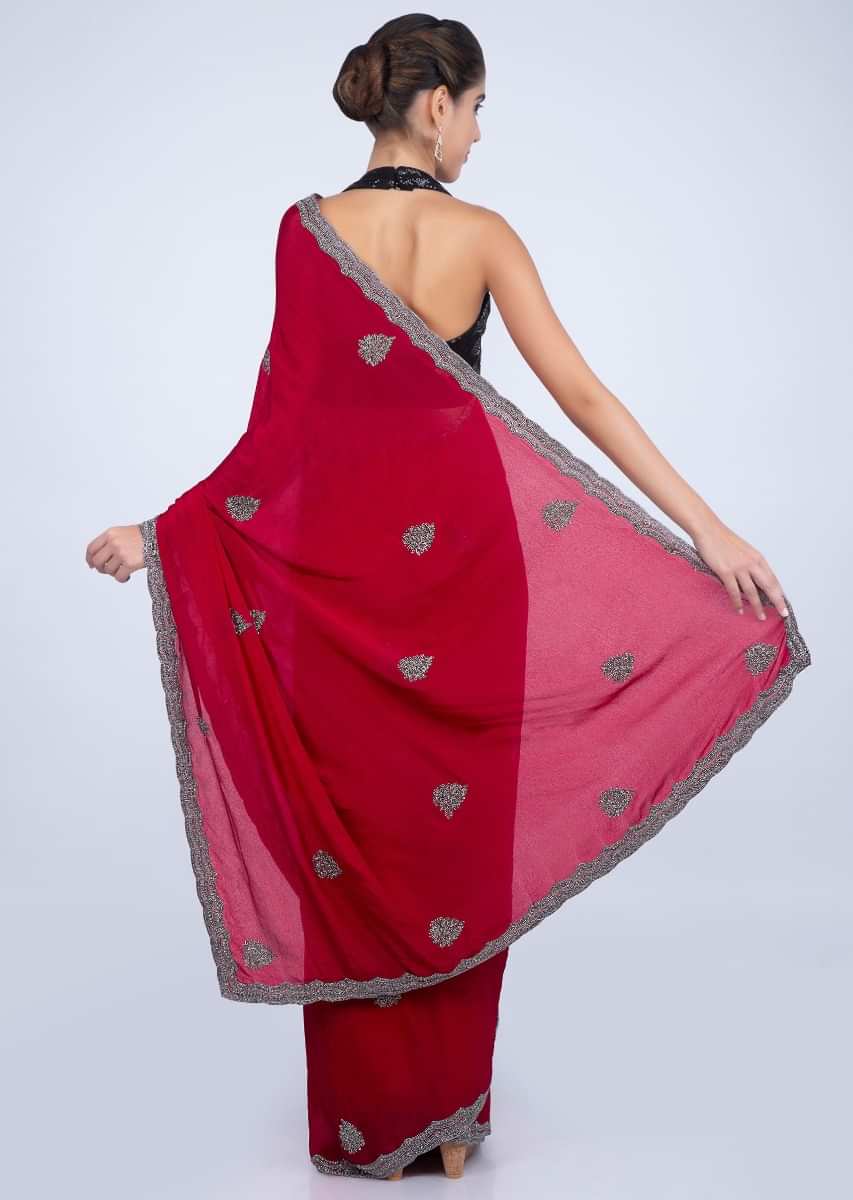 Apple red satin chiffon saree with butti and scallop embroidered border only on kalki