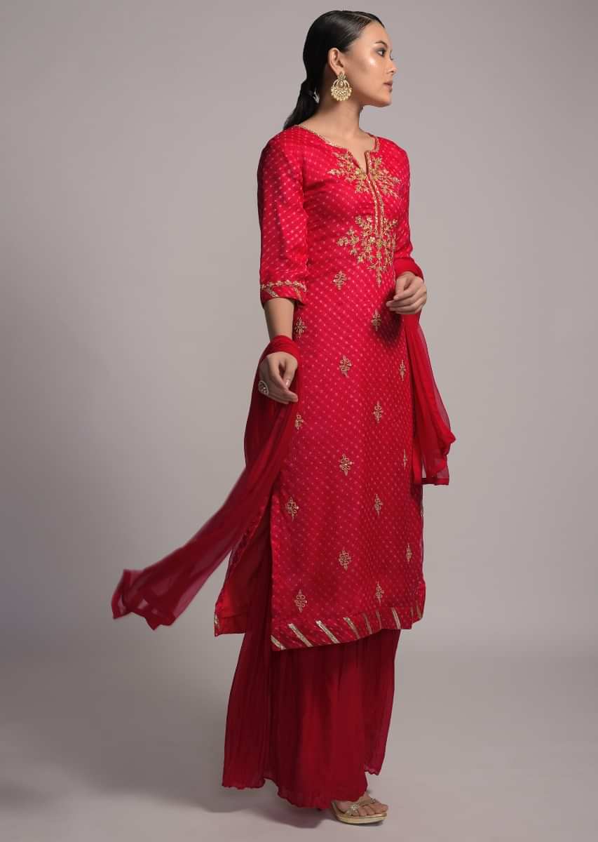 Apple Red Sharara Suit With Lehariya Print And Zari Embroidered Floral Motifs  