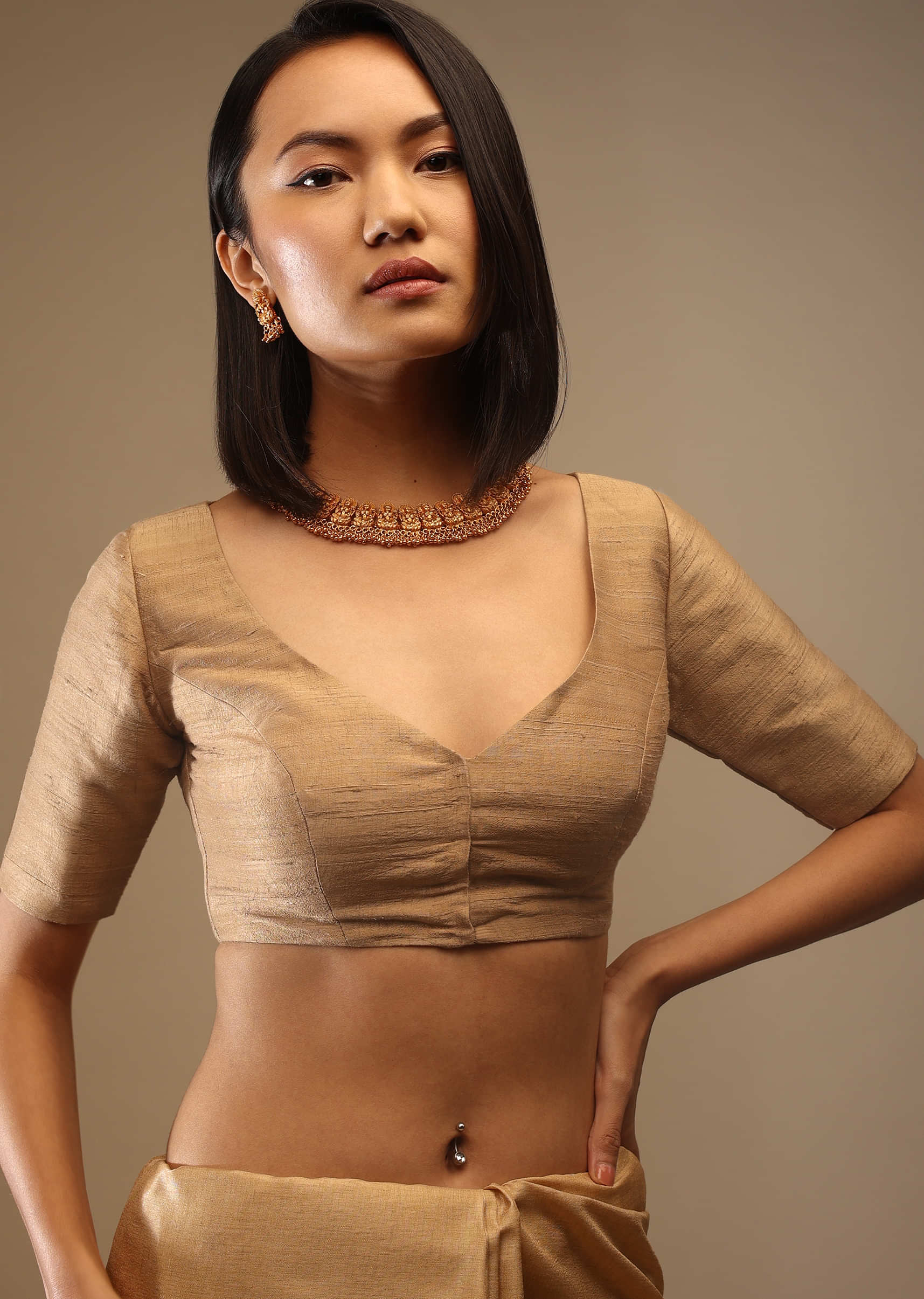 Apple Cinnamon Half Sleeveless Blouse In A Sweetheart Neckline Raw Silk With Front Hooks Closure