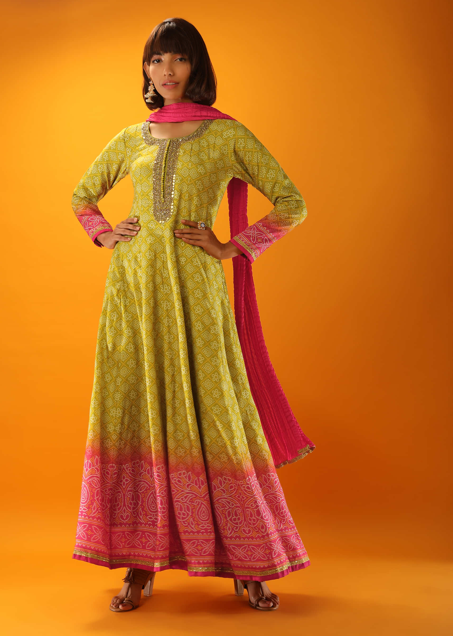 Apple Green And Fuchsia Ombre Anarkali Suit In Cotton Silk With Bandhani Design And Gotta Patti Embroidered Placket  