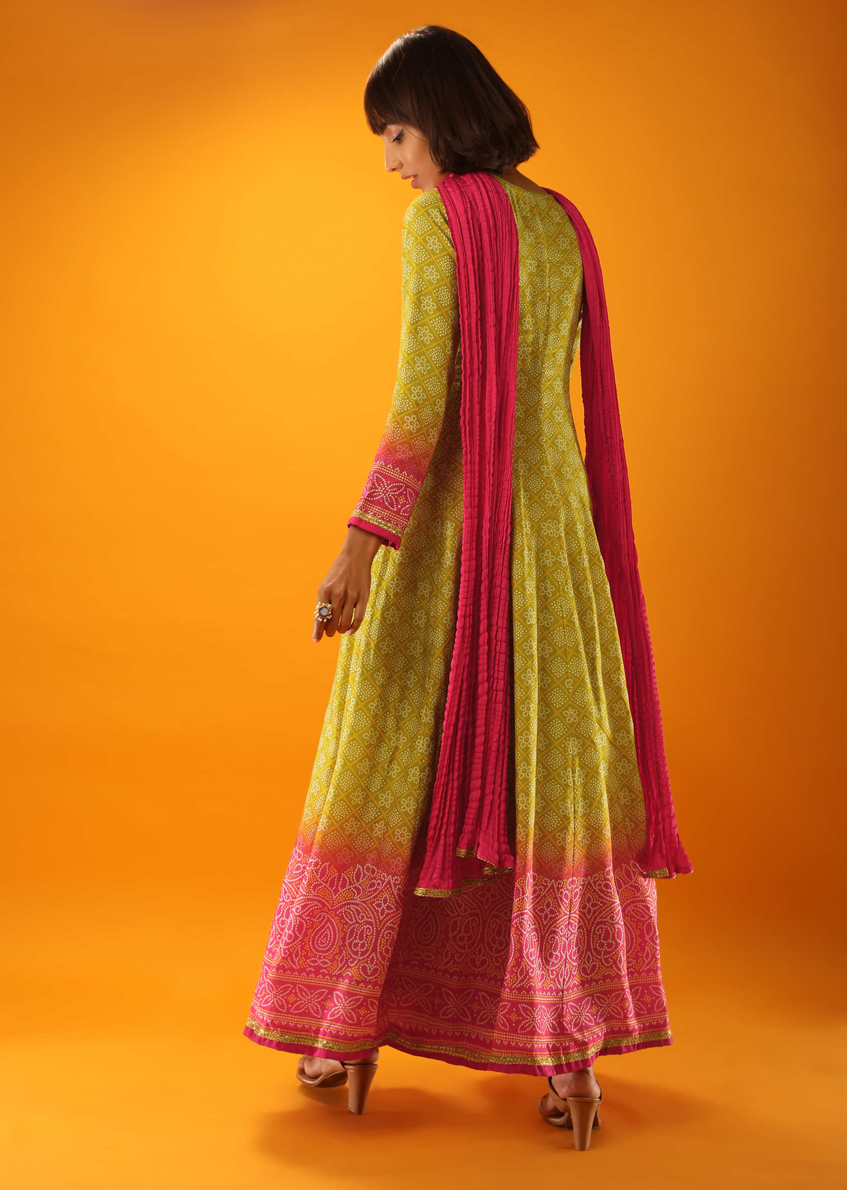 Apple Green And Fuchsia Ombre Anarkali Suit In Cotton Silk With Bandhani Design And Gotta Patti Embroidered Placket  