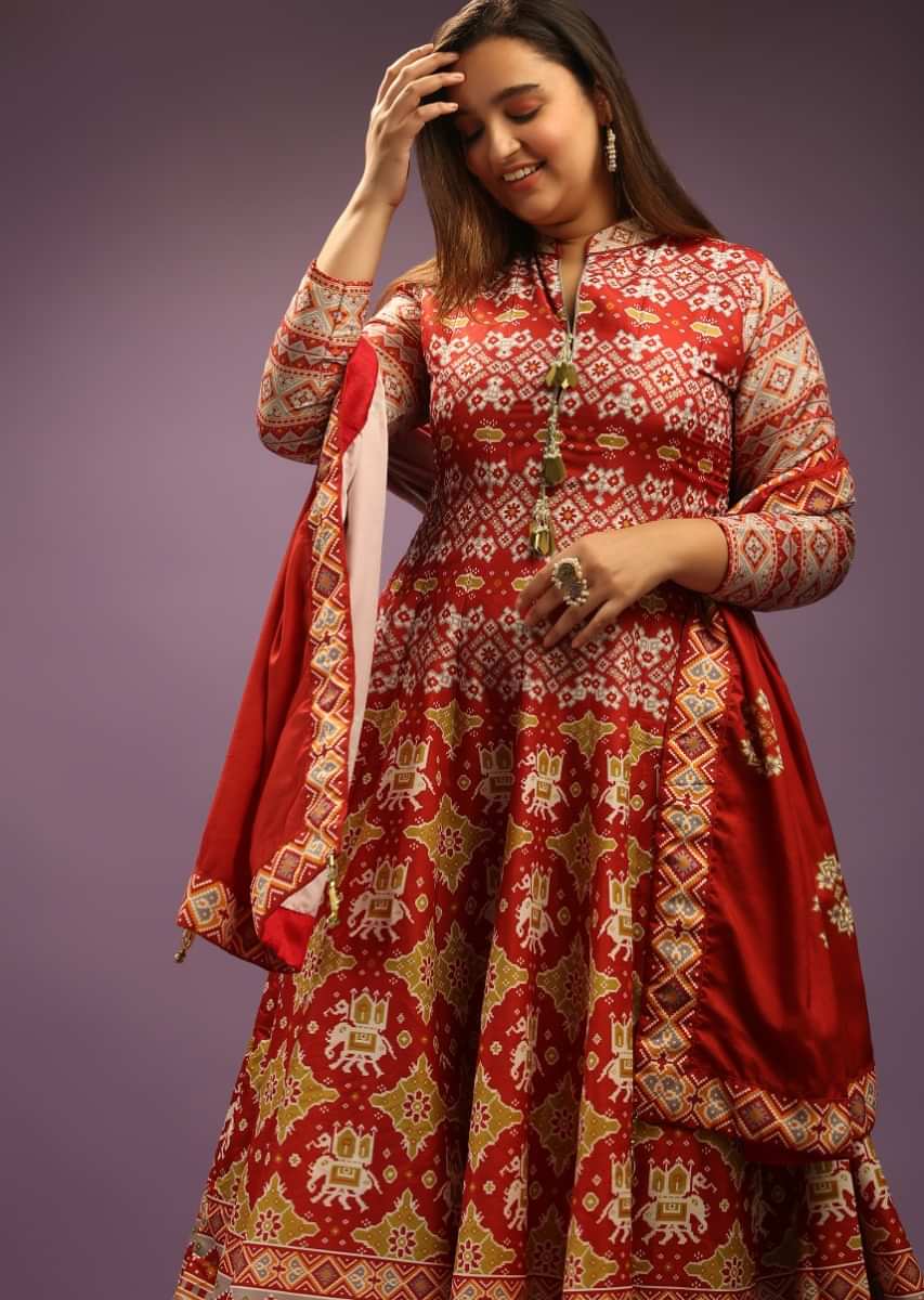 Apple Red Anarkali Suit In Cotton Silk With Patola Print All Over And Grey Patola Border  