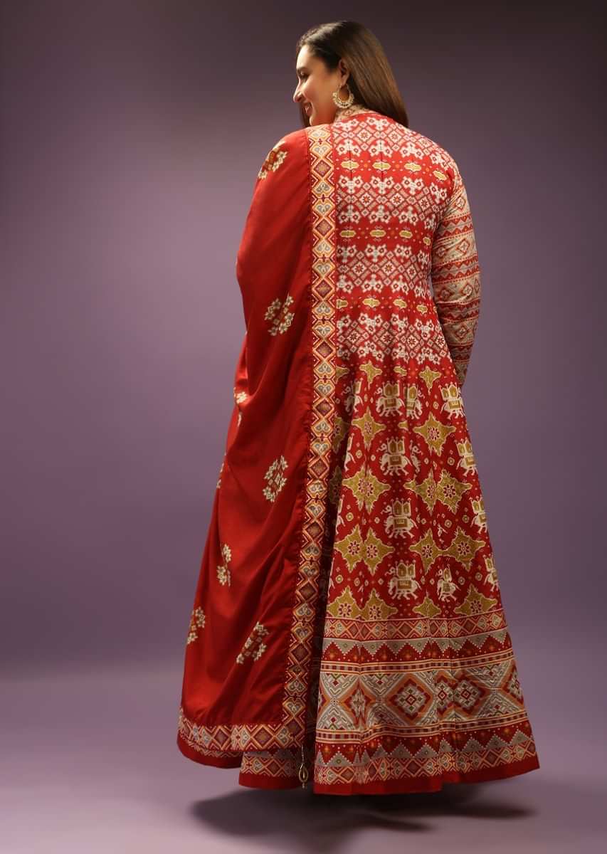 Apple Red Anarkali Suit In Cotton Silk With Patola Print All Over And Grey Patola Border  