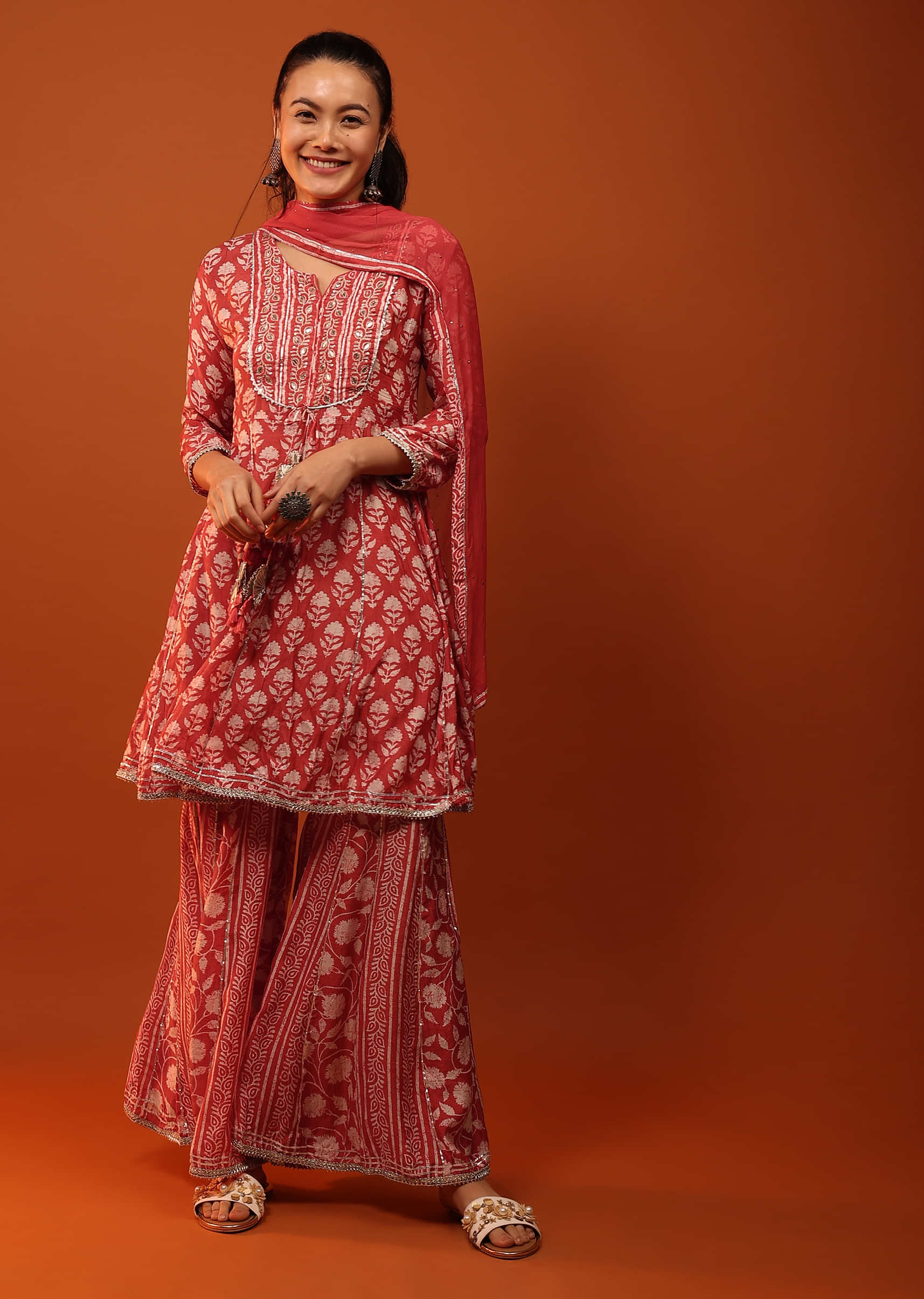 Apple Red Sharara Suit With Floral Print And Sequins