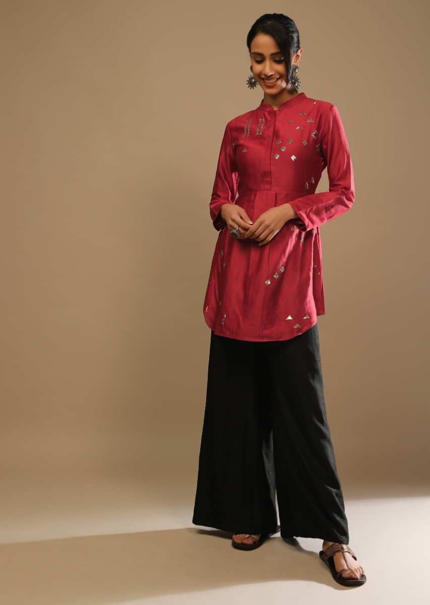 Apple Red Short Kurti In Cotton With Sequins Work In Abstract Motifs 