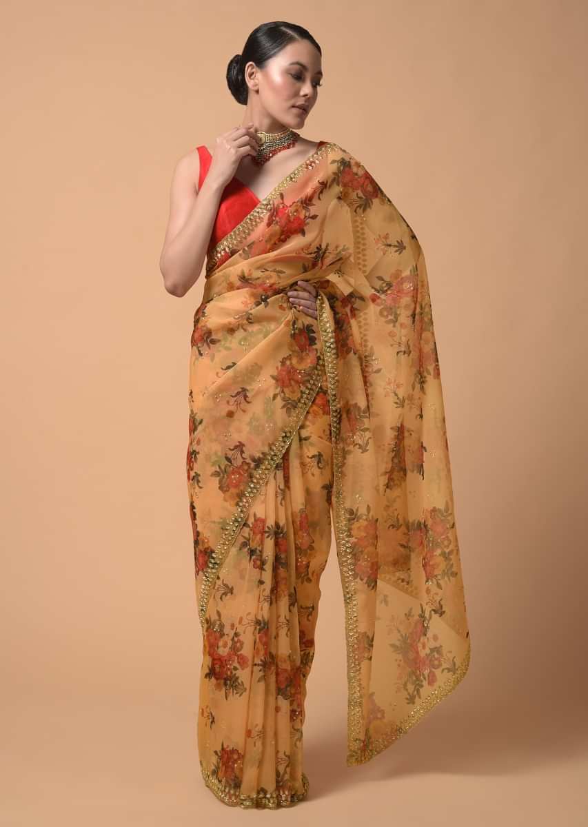 Apricot Yellow Saree In Organza With Floral Print And Moti Accents