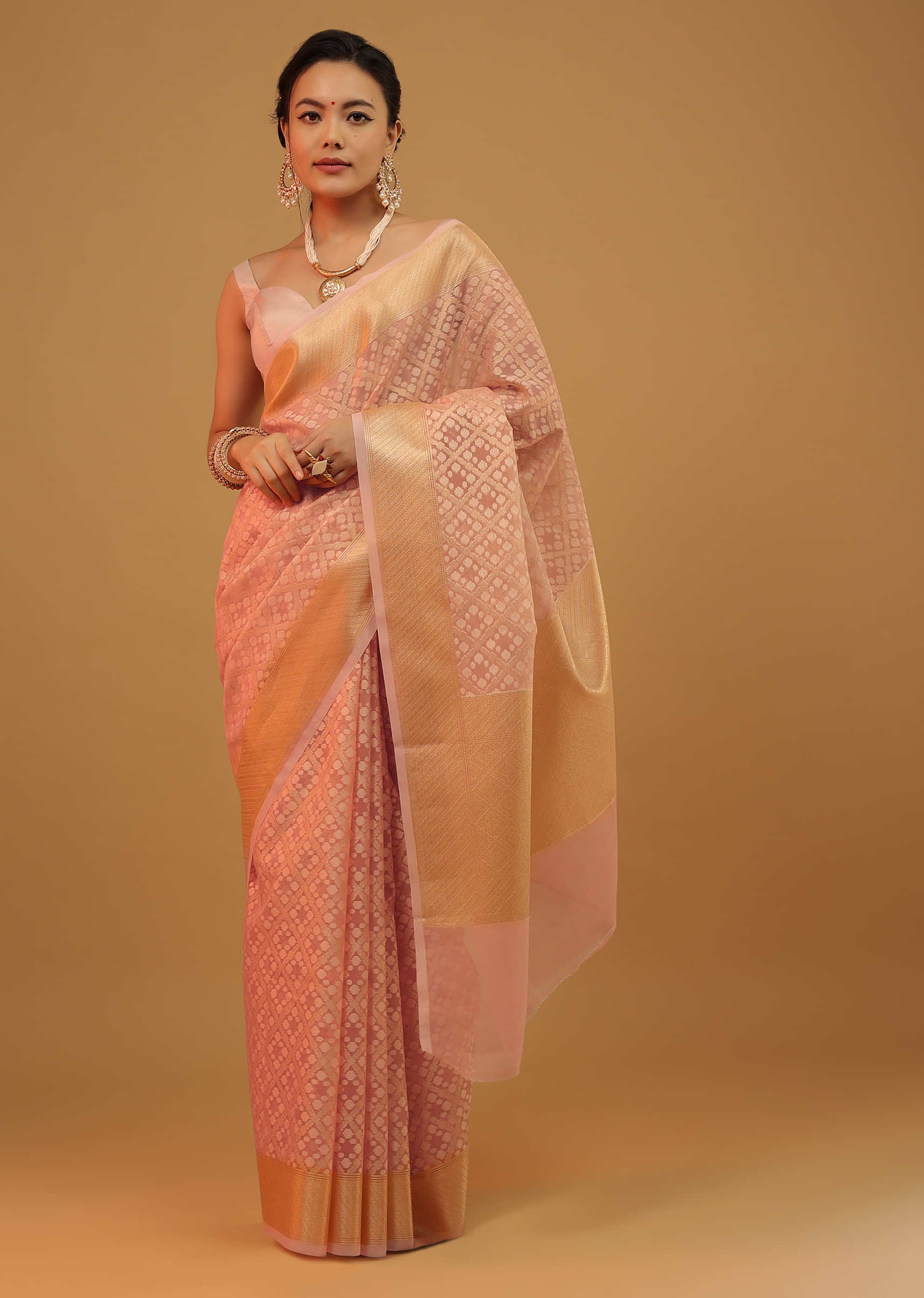 Apricot Blush Peach Saree In Pure Handloom Cotton With Banarasi Chanderi Weave