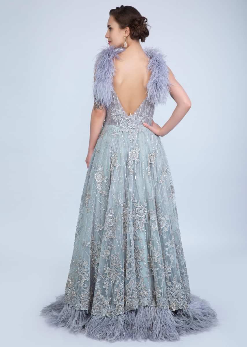 Lopa Mudra in Kalki Aqua Blue Gown In Embroidered Net With Feathers At The Strap And Hem