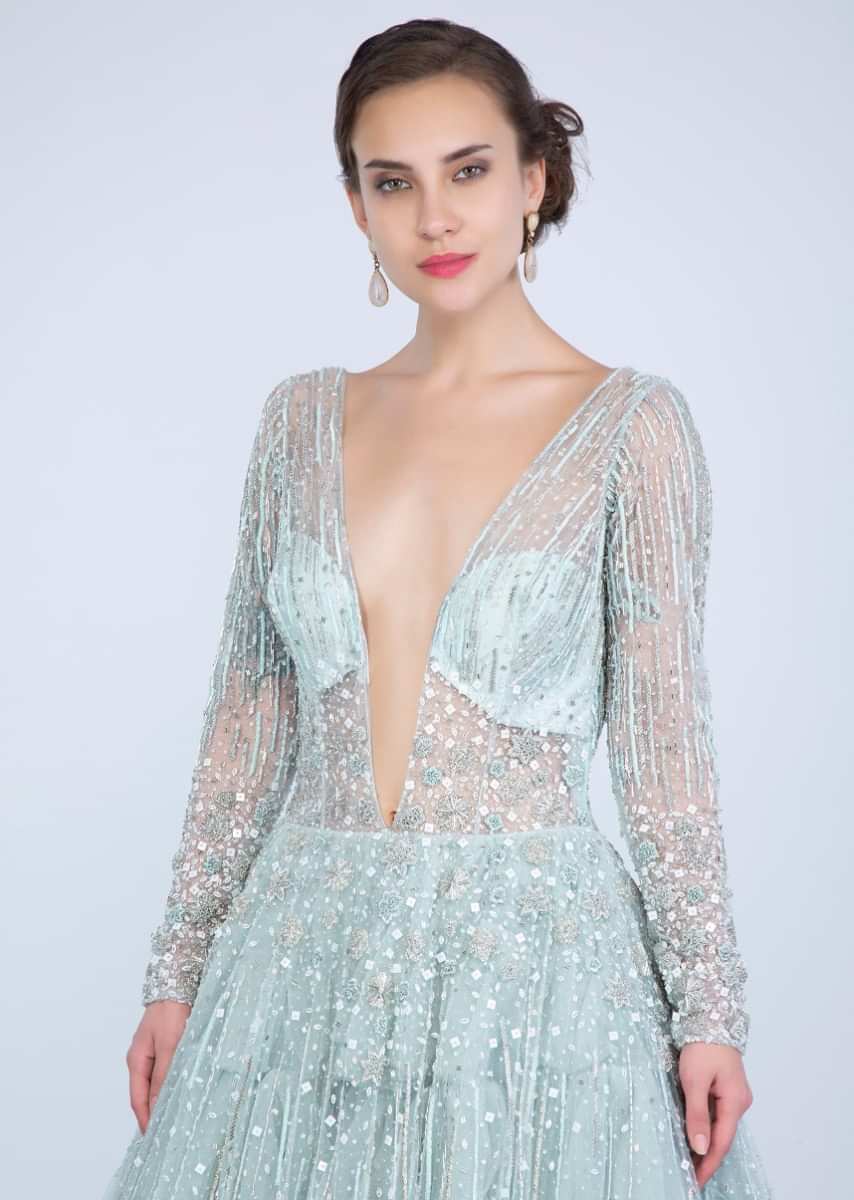 Aqua Blue Gown With Frilled Layer In Embroidered Net And Sheer Net Deep V Bodice