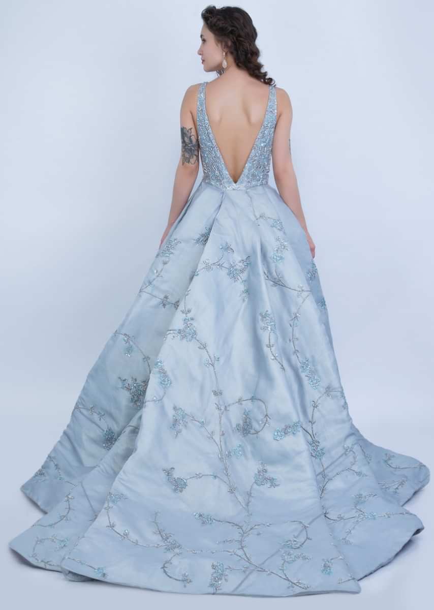 Aqua Blue Evening Gown In Organza With Box Pleats And A Log Back Trail Online - Kalki Fashion