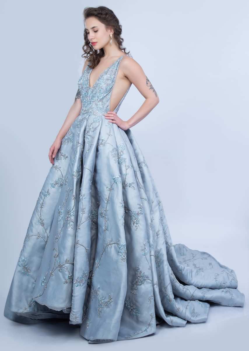 Aqua Blue Evening Gown In Organza With Box Pleats And A Log Back Trail Online - Kalki Fashion