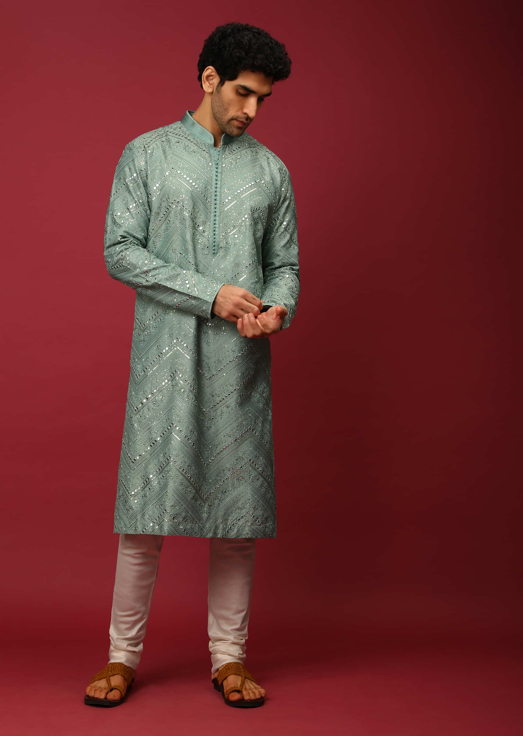 Aqua Blue Kurta Set In Raw Silk Heavily Embroidered With Resham And Mirror Embroidery In Floral And Chevron Design  