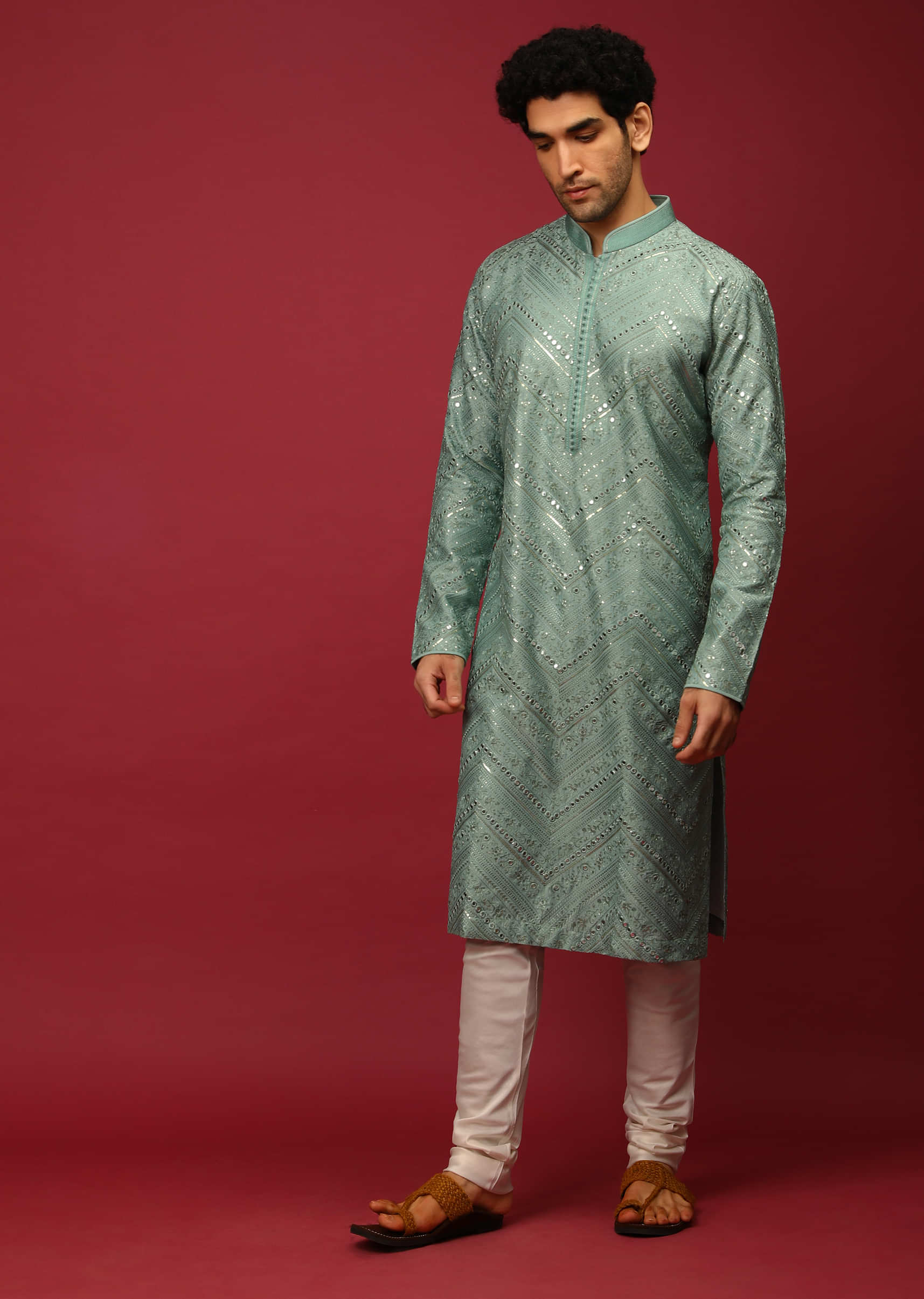 Aqua Blue Kurta Set In Raw Silk Heavily Embroidered With Resham And Mirror Embroidery In Floral And Chevron Design  