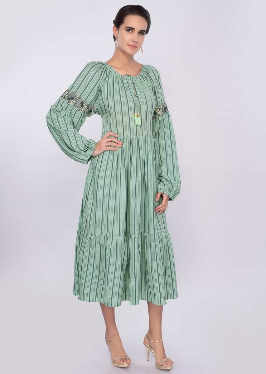 Aqua green cotton tunic dress with faded stripes and gathers only on Kalki