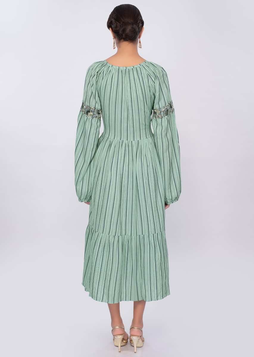 Aqua green cotton tunic dress with faded stripes and gathers only on Kalki