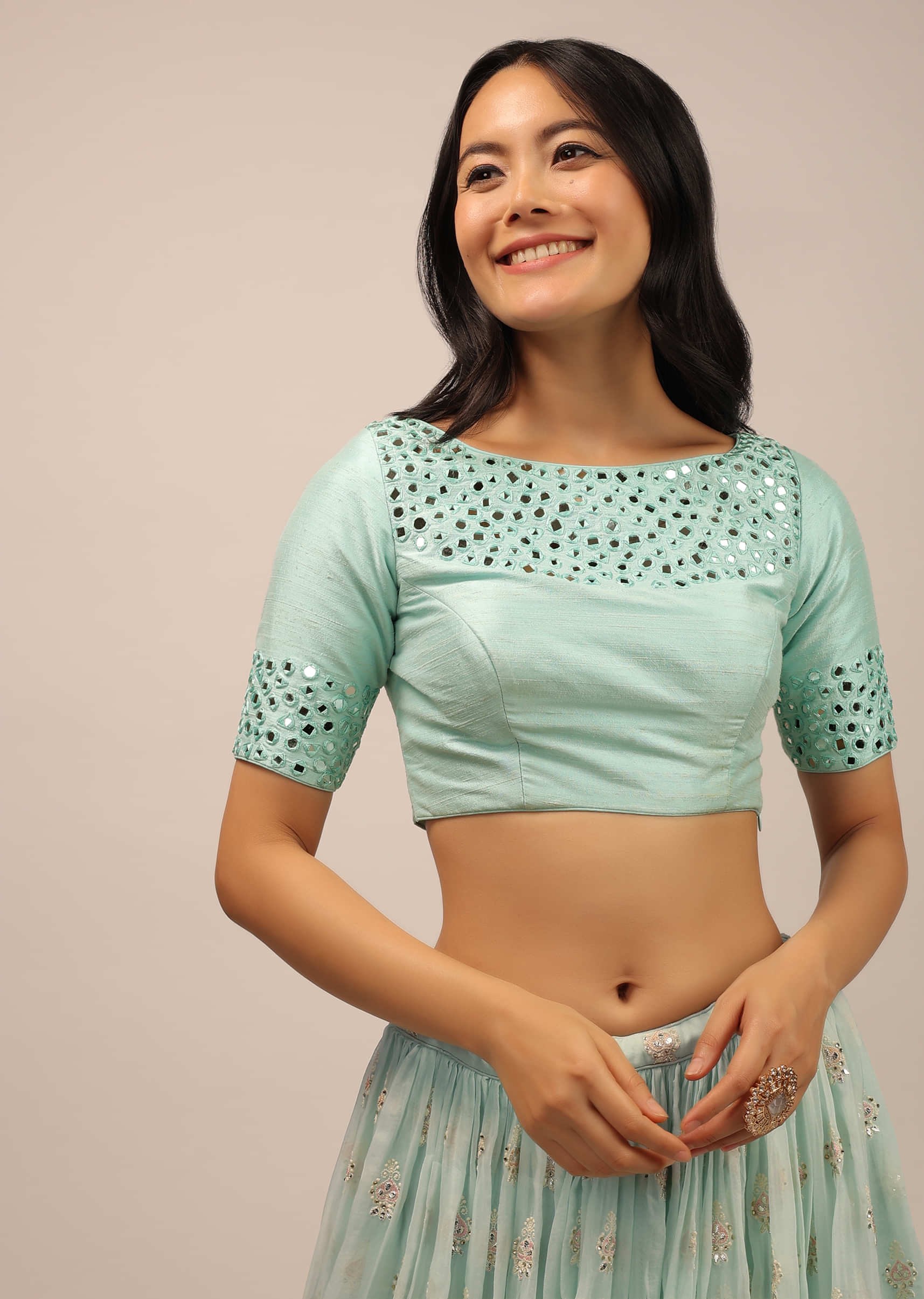 Aqua Blue Padded Blouse With Mirror Work And Half Sleeves