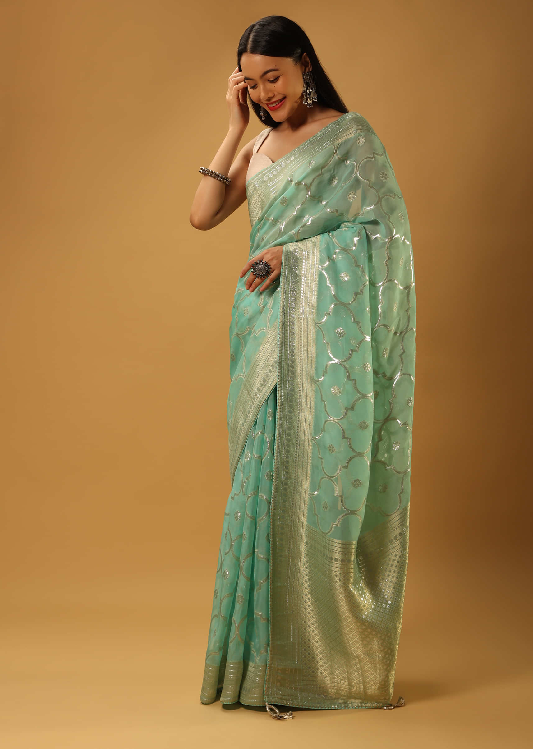 Stylish Ethnic Tote Bag In Banarasi Silk With Both Side Golden Frill Hanging