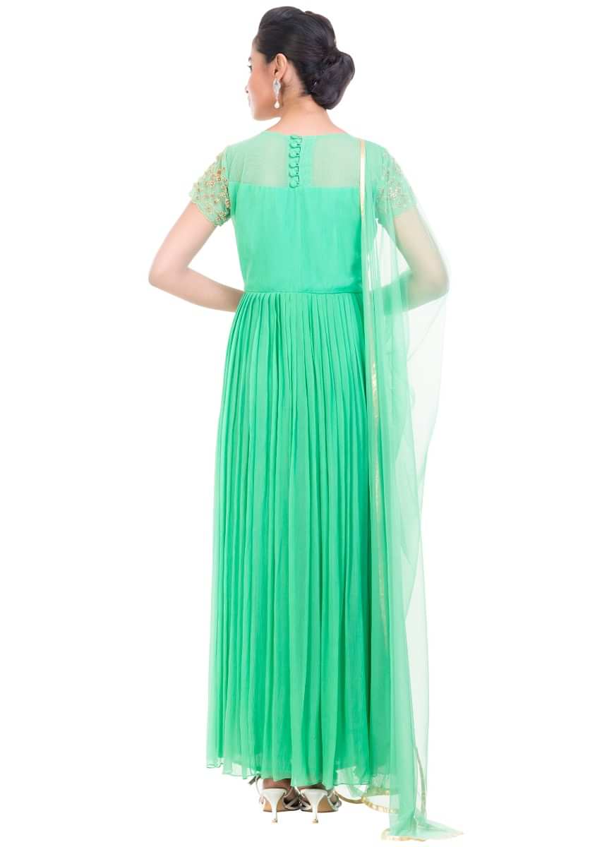 Aquamarine Gown Set With Embroidered Yoke