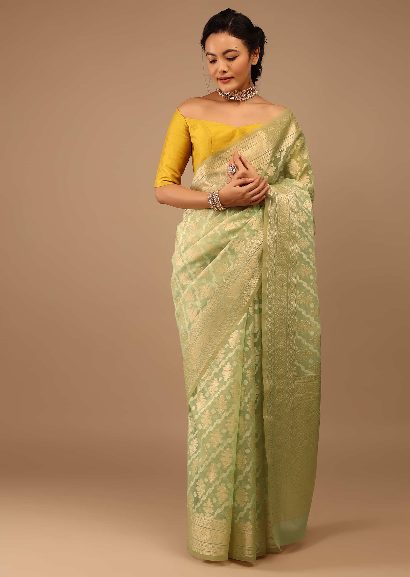 Powder Green Saree In Cotton And Banarasi Chanderi Geometric Woven Pattern