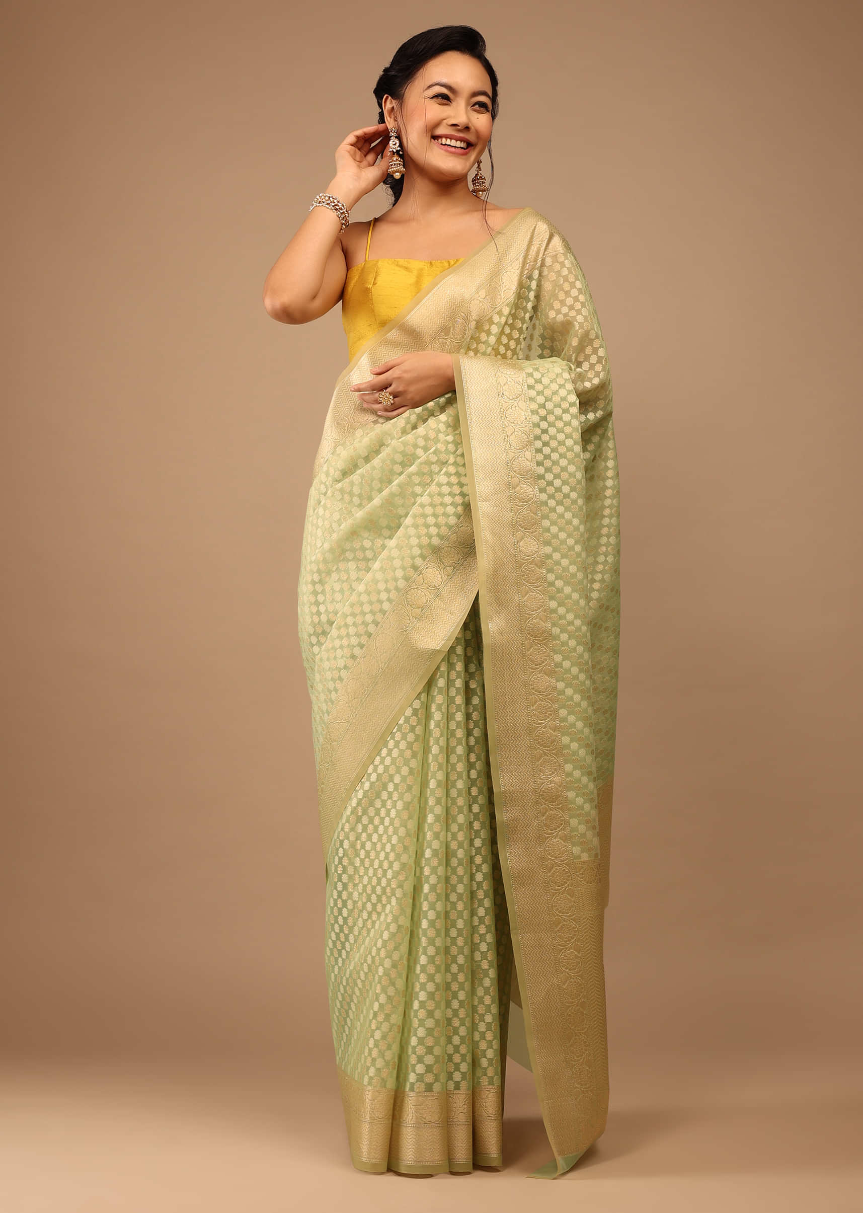Arcadian Green Saree In Pure Handloom Cotton And Banarasi Chanderi