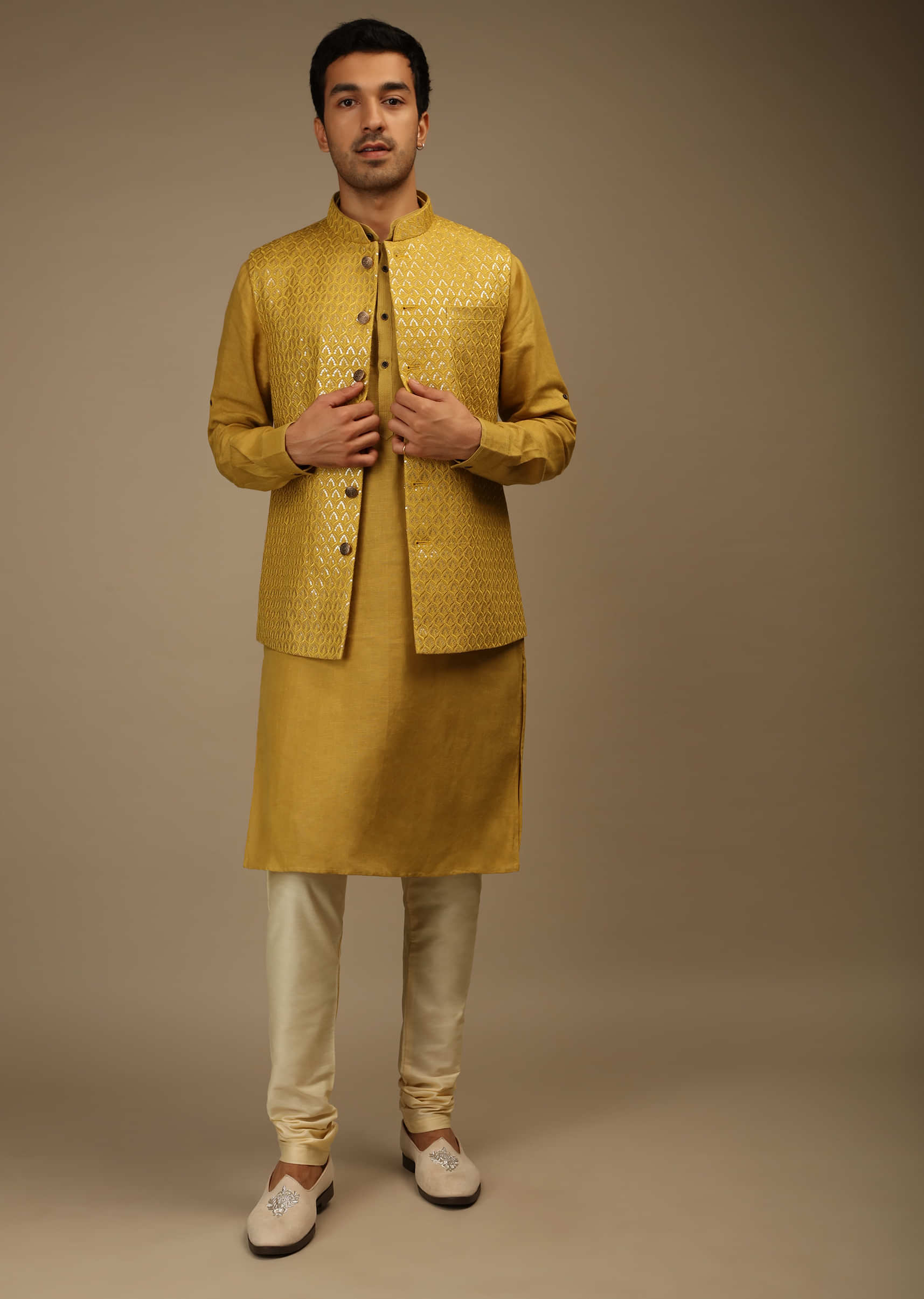 Arrowood Yellow Nehru Jacket And Kurta Set In Linen Silk With Resham And Sequins Embroidered Moroccan Jaal