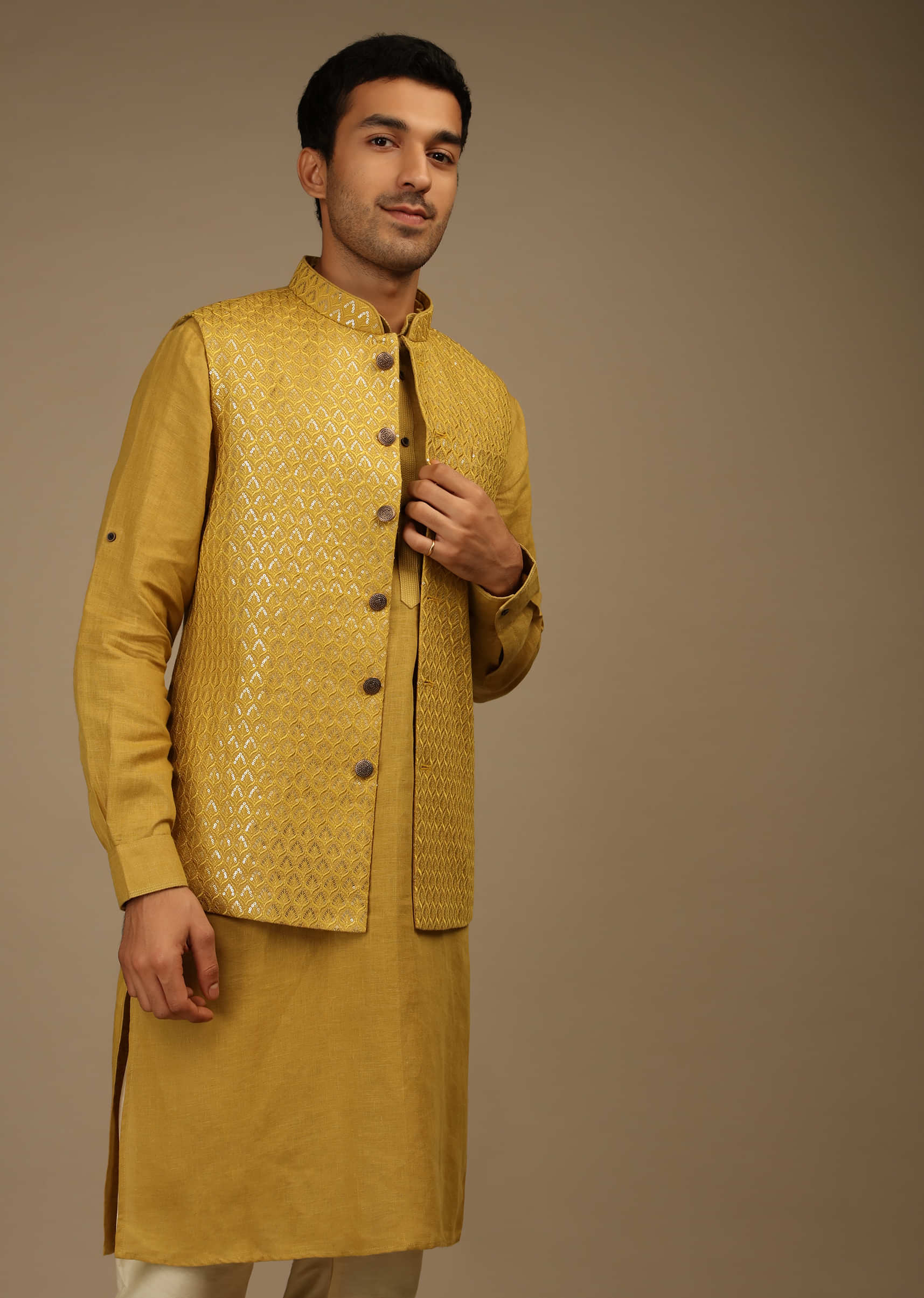 Arrowood Yellow Nehru Jacket And Kurta Set In Linen Silk With Resham And Sequins Embroidered Moroccan Jaal