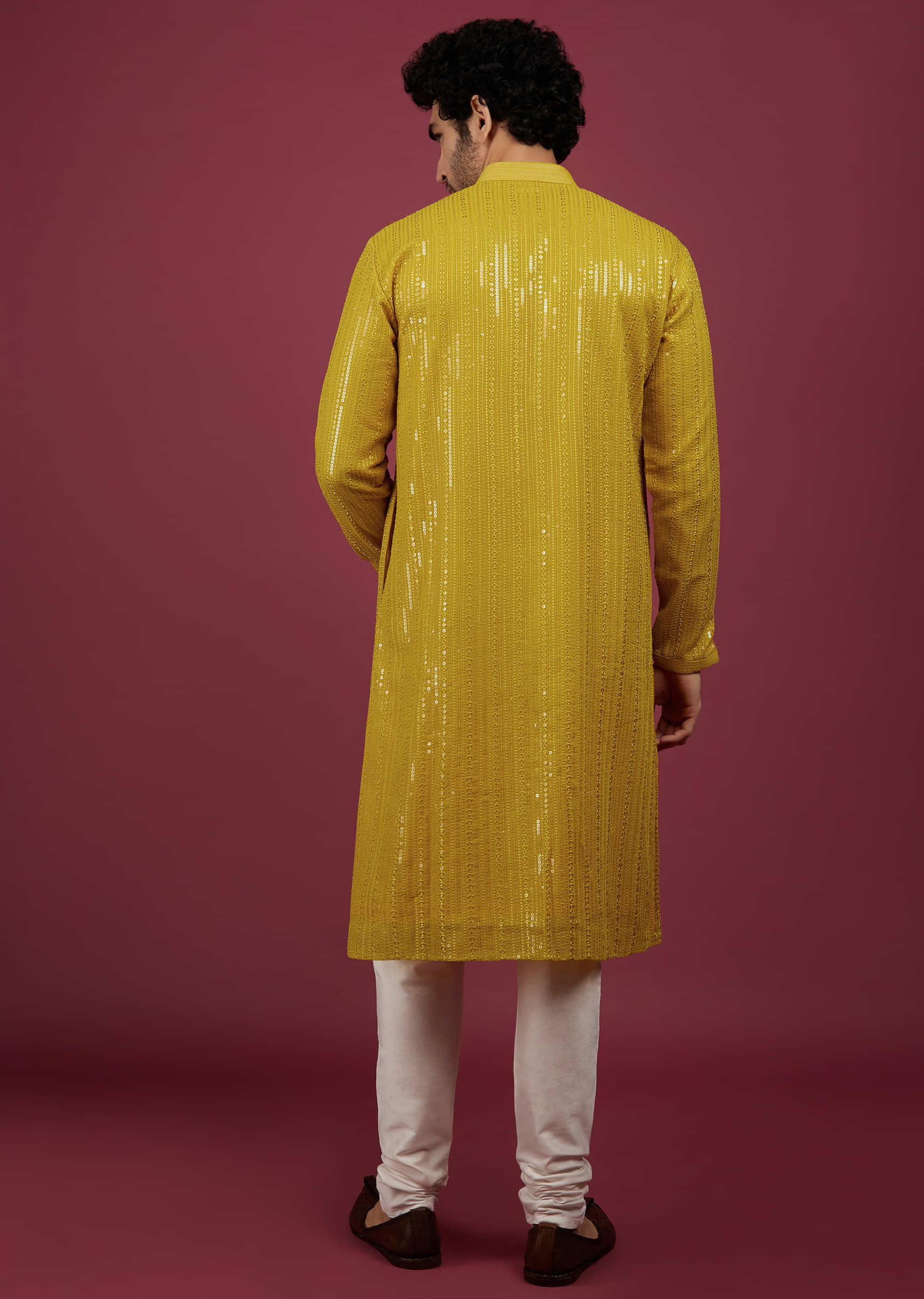Cyber Yellow Silk Embroidered Kurta Set In Sequins And Thread Work