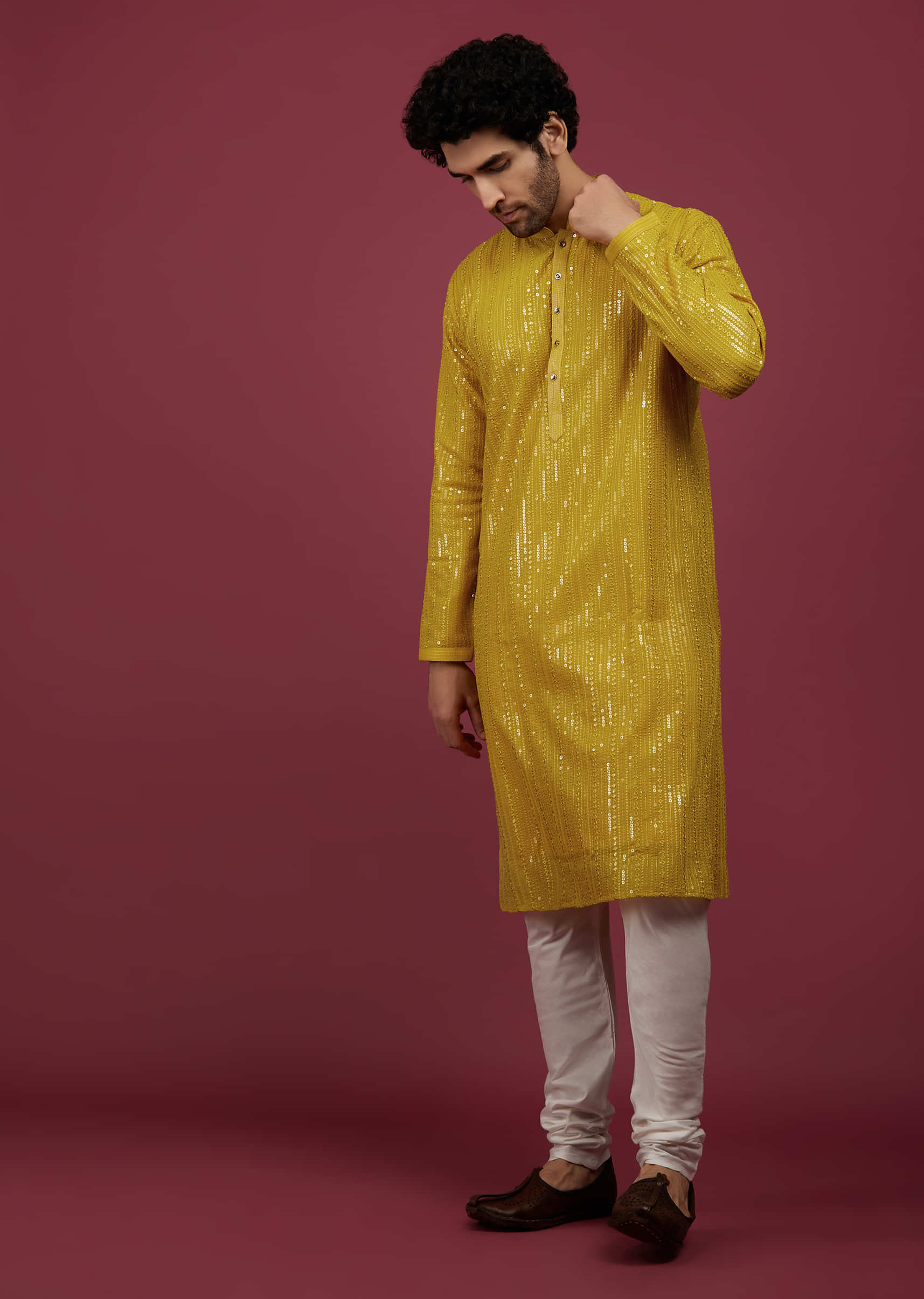 Cyber Yellow Silk Embroidered Kurta Set In Sequins And Thread Work