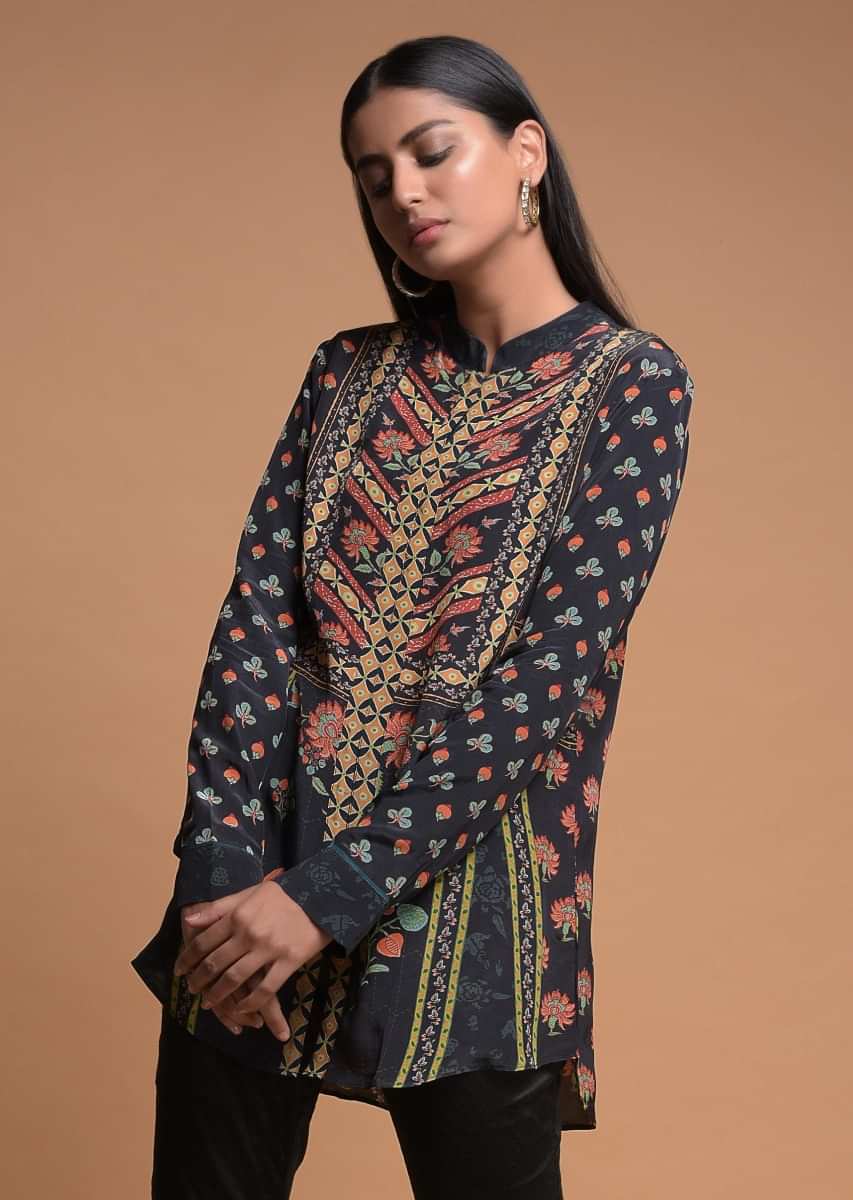 Buy Ash Black Short Kurti In Crepe With Floral And Geometric Print ...