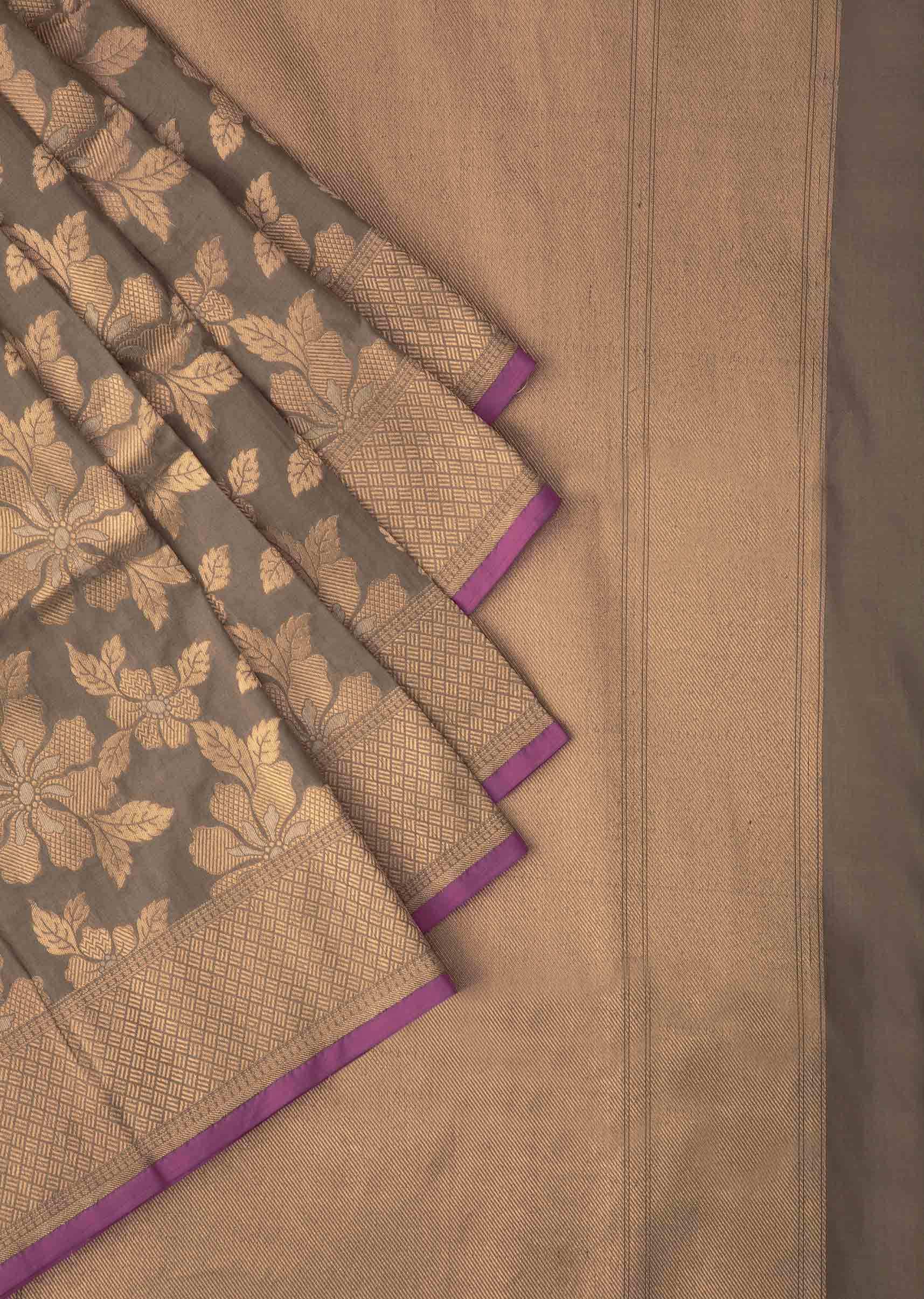 Ash grey saree in chanderi silk with weaved jaal in floral motif all over