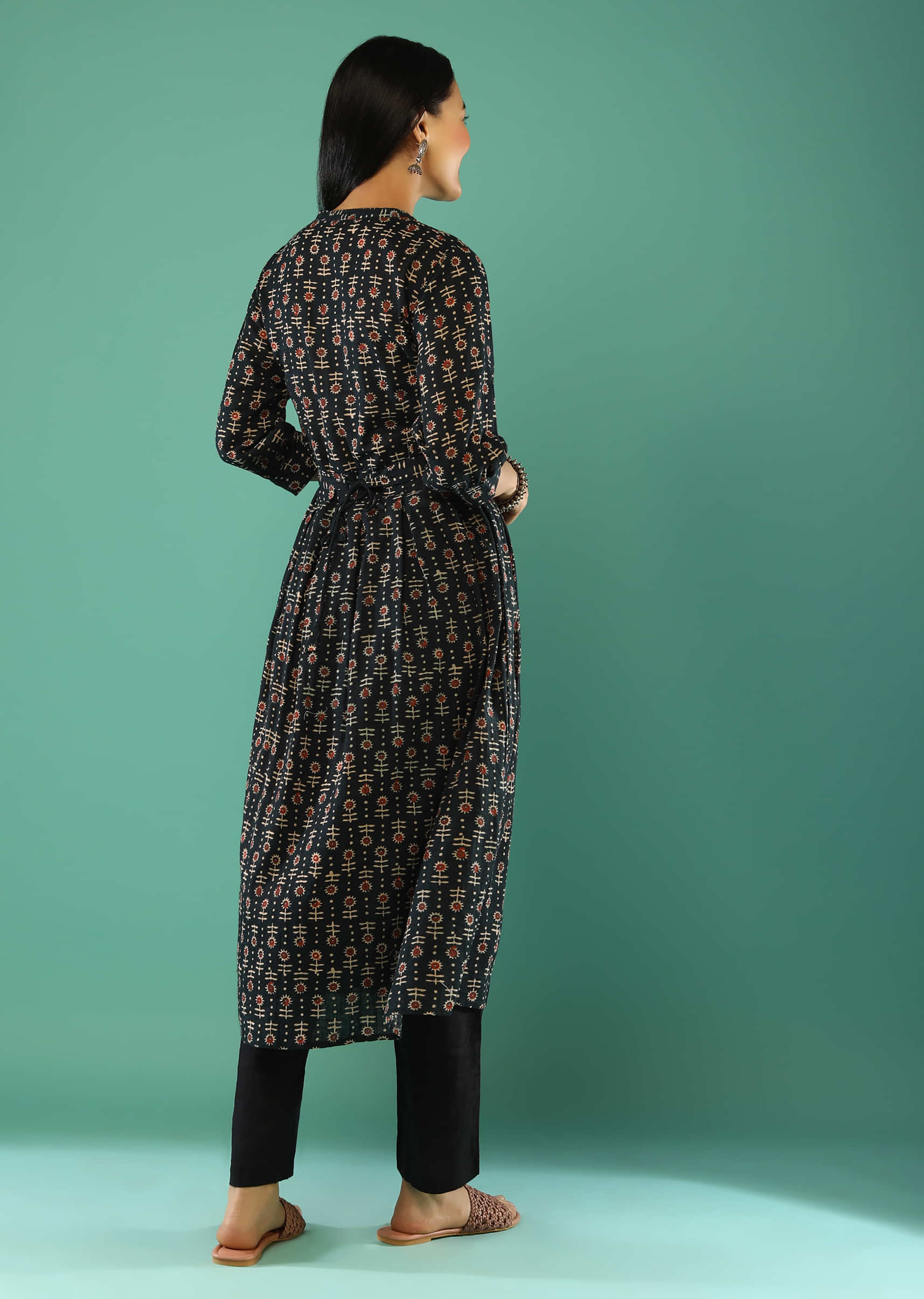 Ash Black Tiered Dress With Butti Print And Mock Placket Online - Re By Kalki
