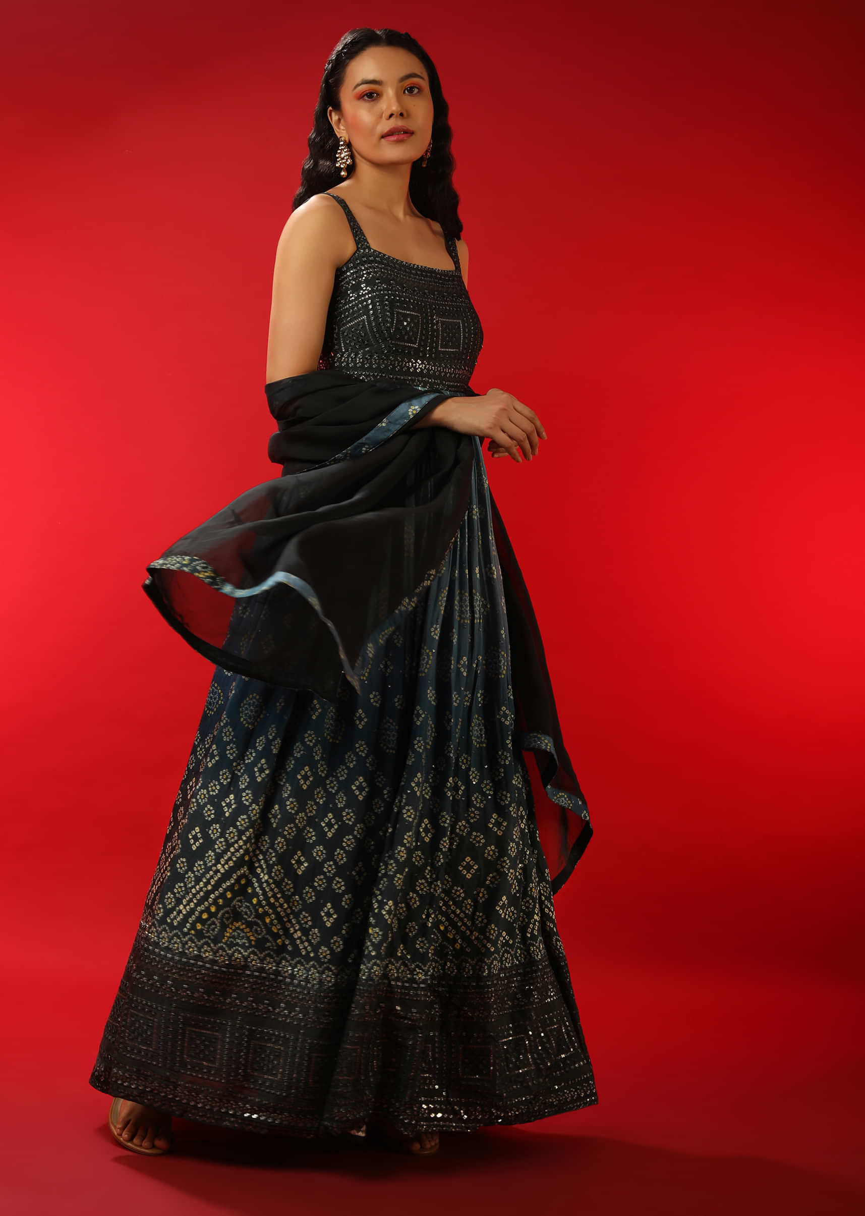Ash Blue And Maya Blue Ombre Anarkali Suit With Bandhani Print And Sequins Work In Geometric Motifs  