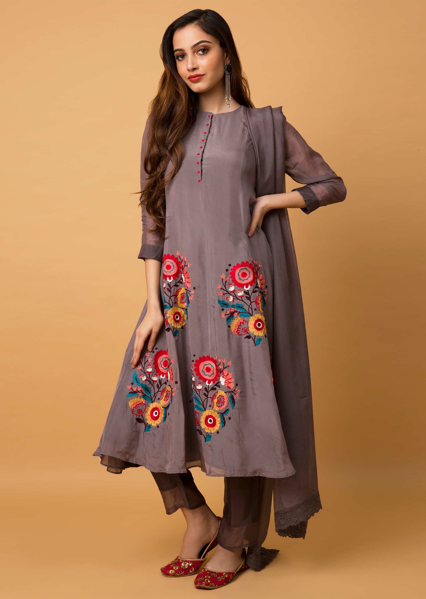 Ash Grey A Line Suit With Colorful Aari Thread Embroidered Floral Motifs  