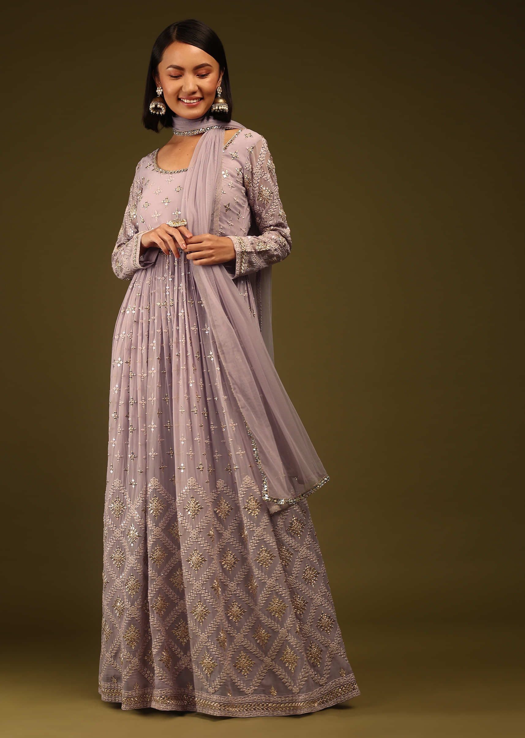 Ash Rose Anarkali Suit In Georgette With Mirrored And Sequins Embroidery 