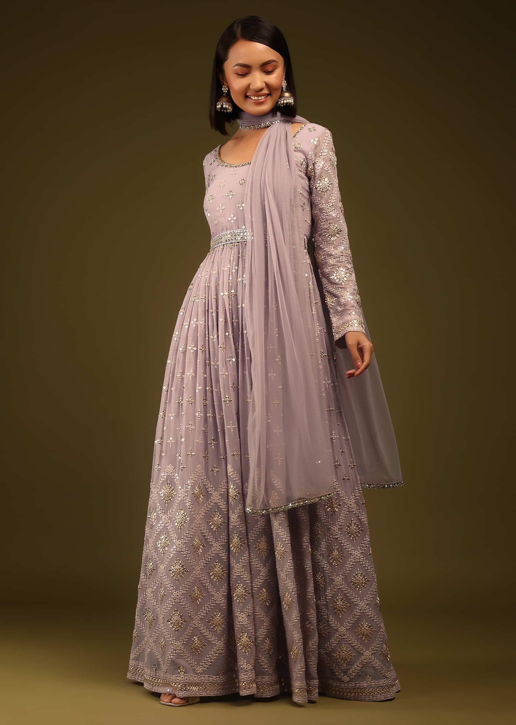 Ash Rose Anarkali Suit In Georgette With Mirrored And Sequins Embroidery 