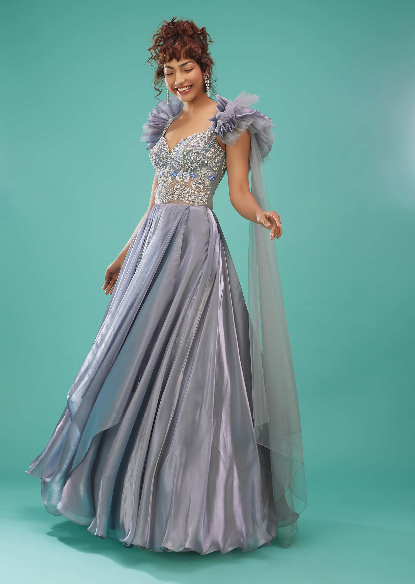 Ashley Blue Ball Gown In Organza With Ruffle Frills And Embroidery