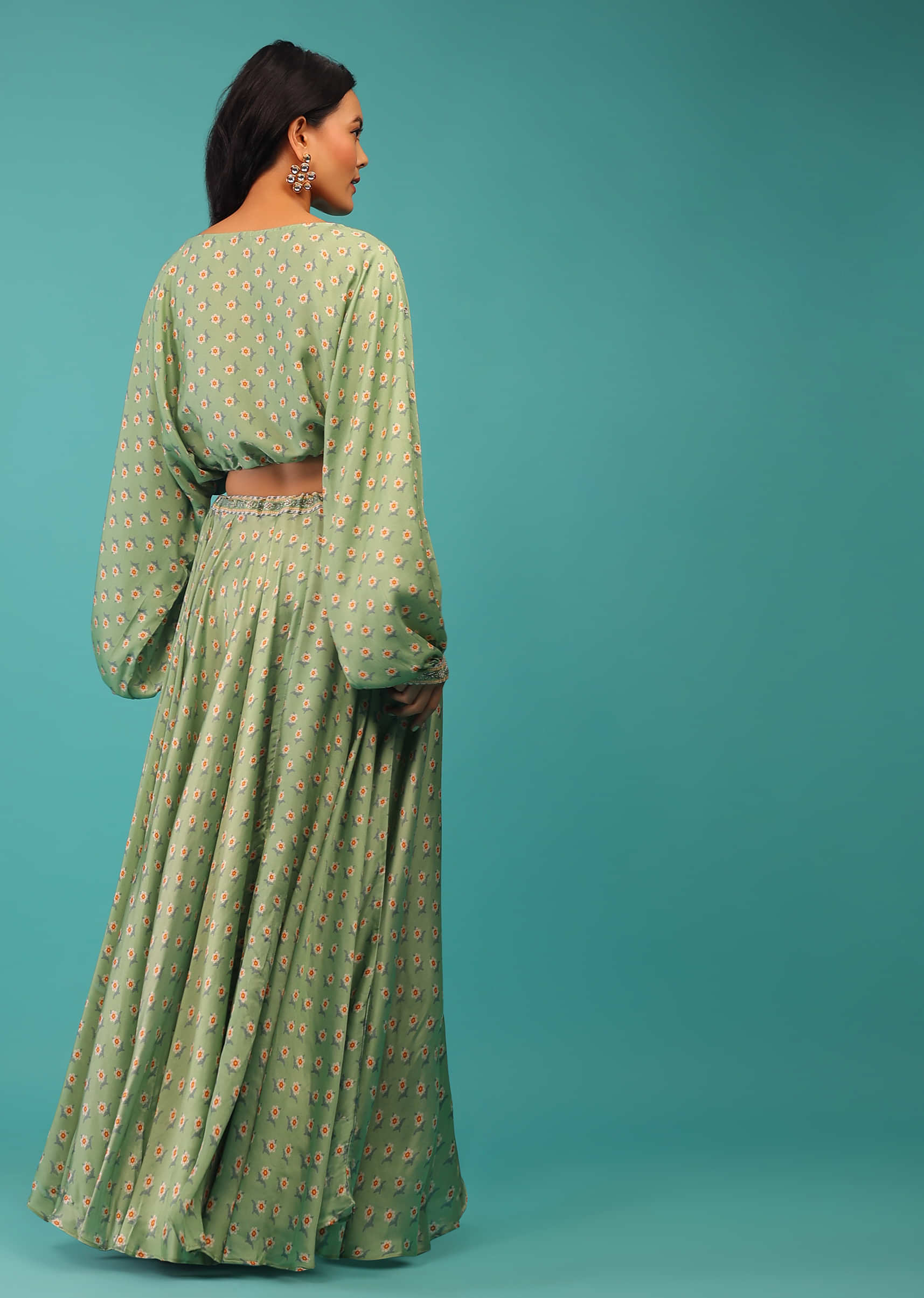 Aspen Green Crop Top With Skirt In Satin Silk