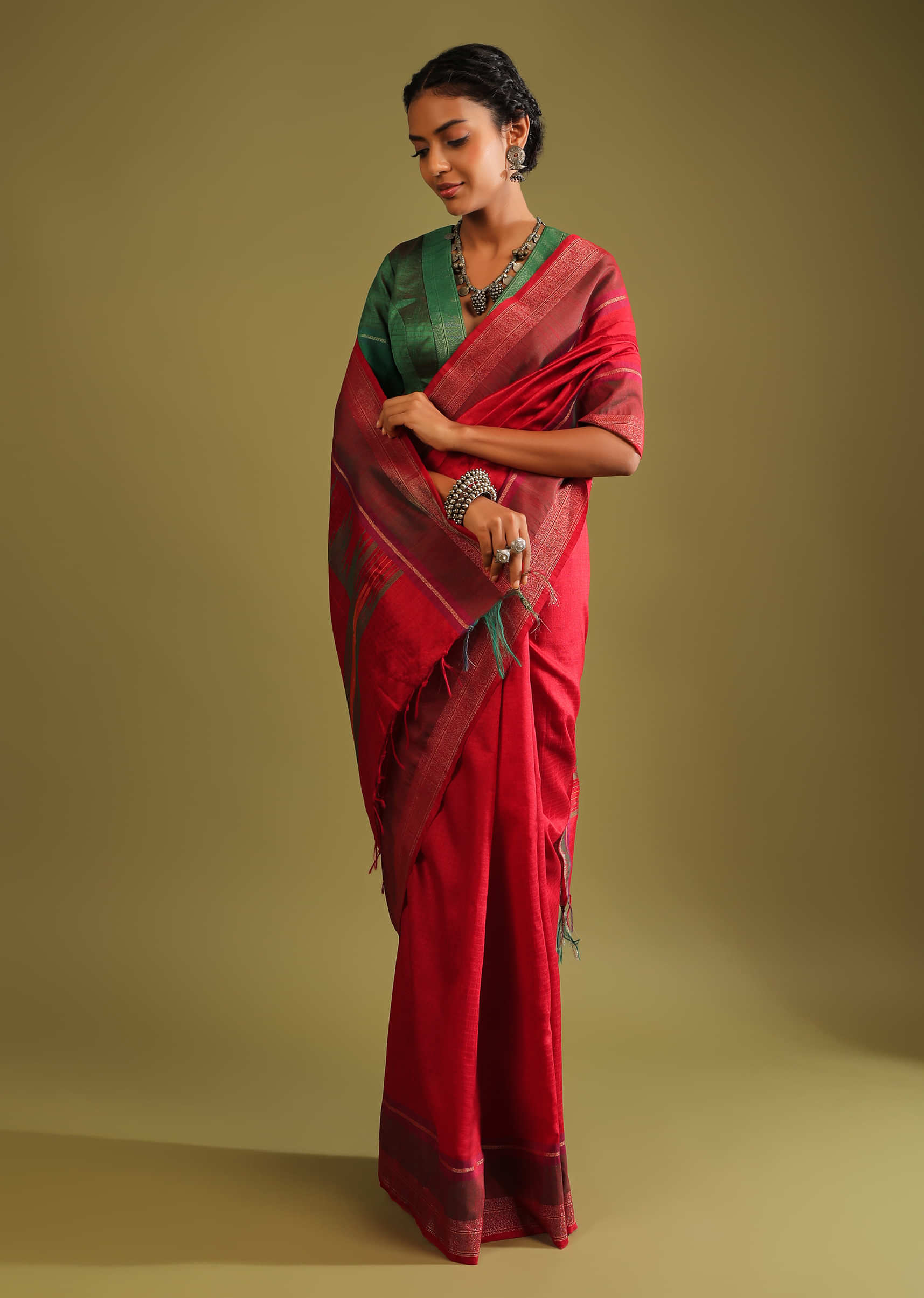 Aurora Red Saree In Tussar Silk With Multi Colored Thread Embroidered Abstract Design On The Pallu  