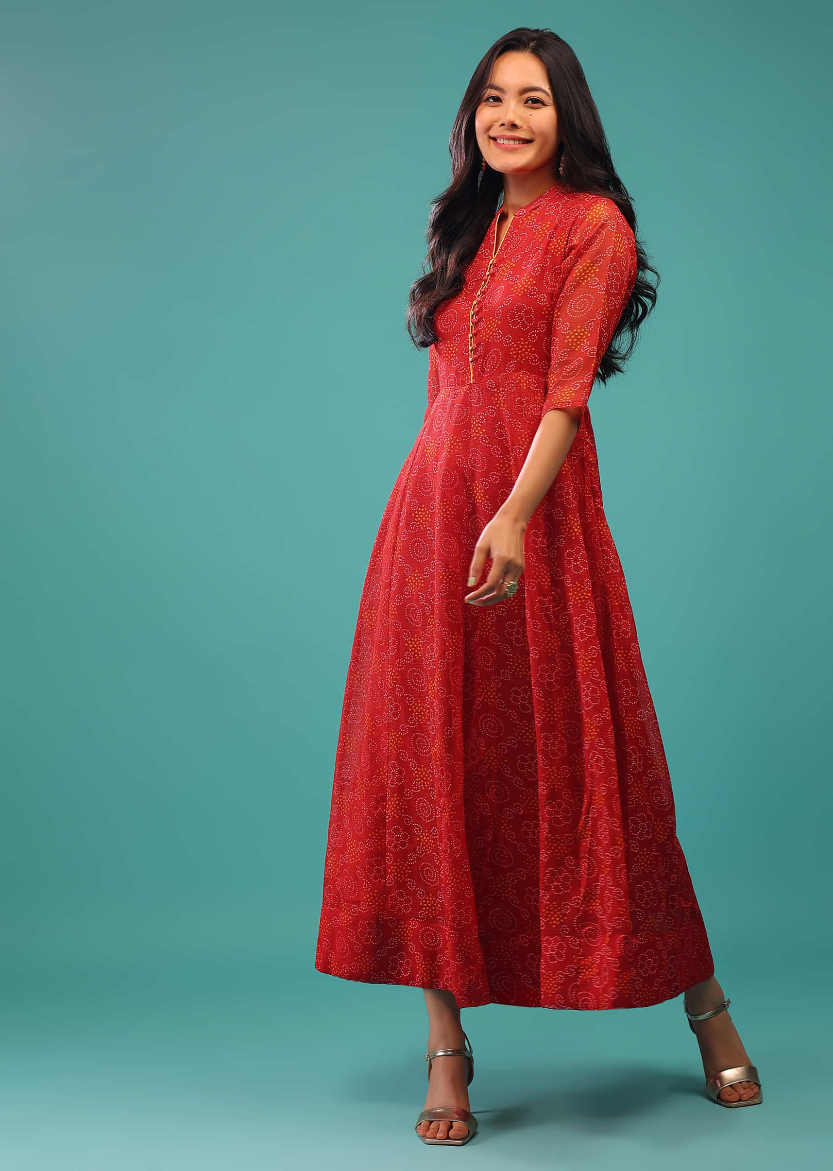 Aurora Red Dress In Kota Silk With Bandhani Print