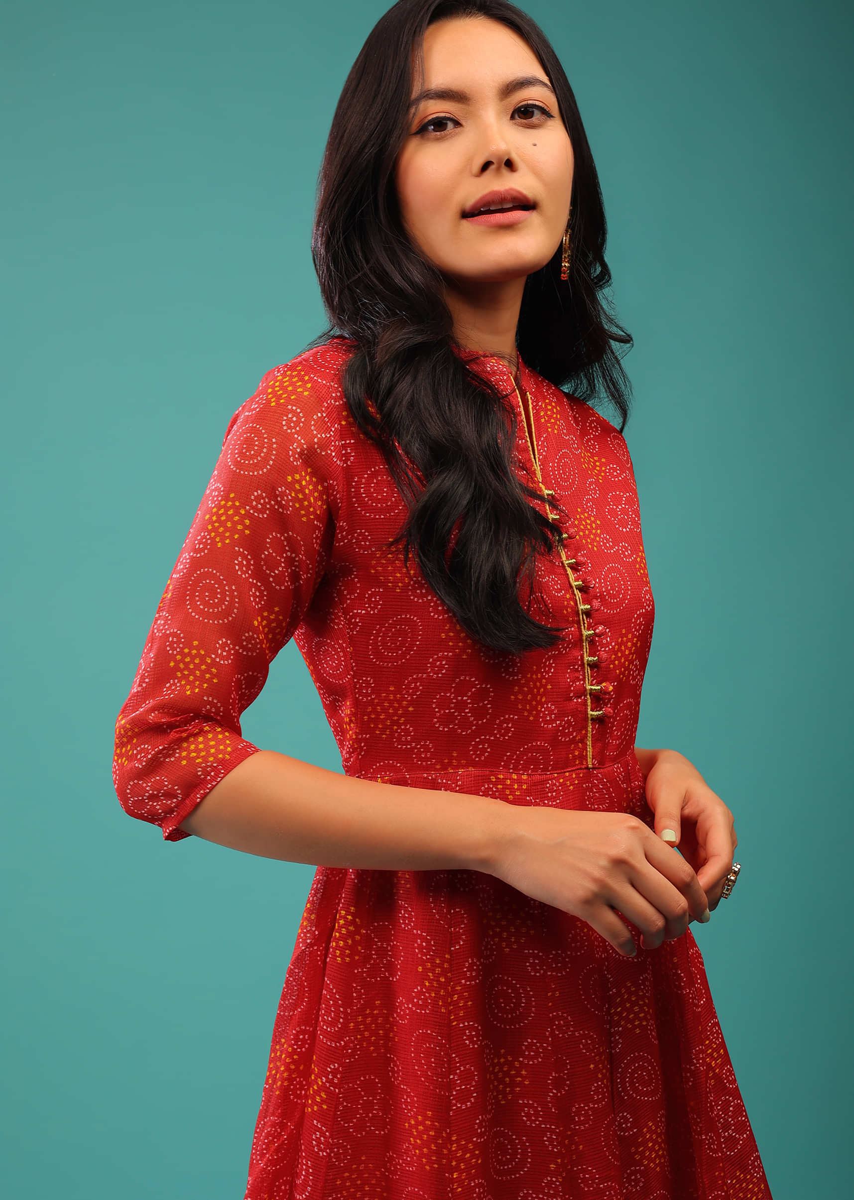 Aurora Red Dress In Kota Silk With Bandhani Print