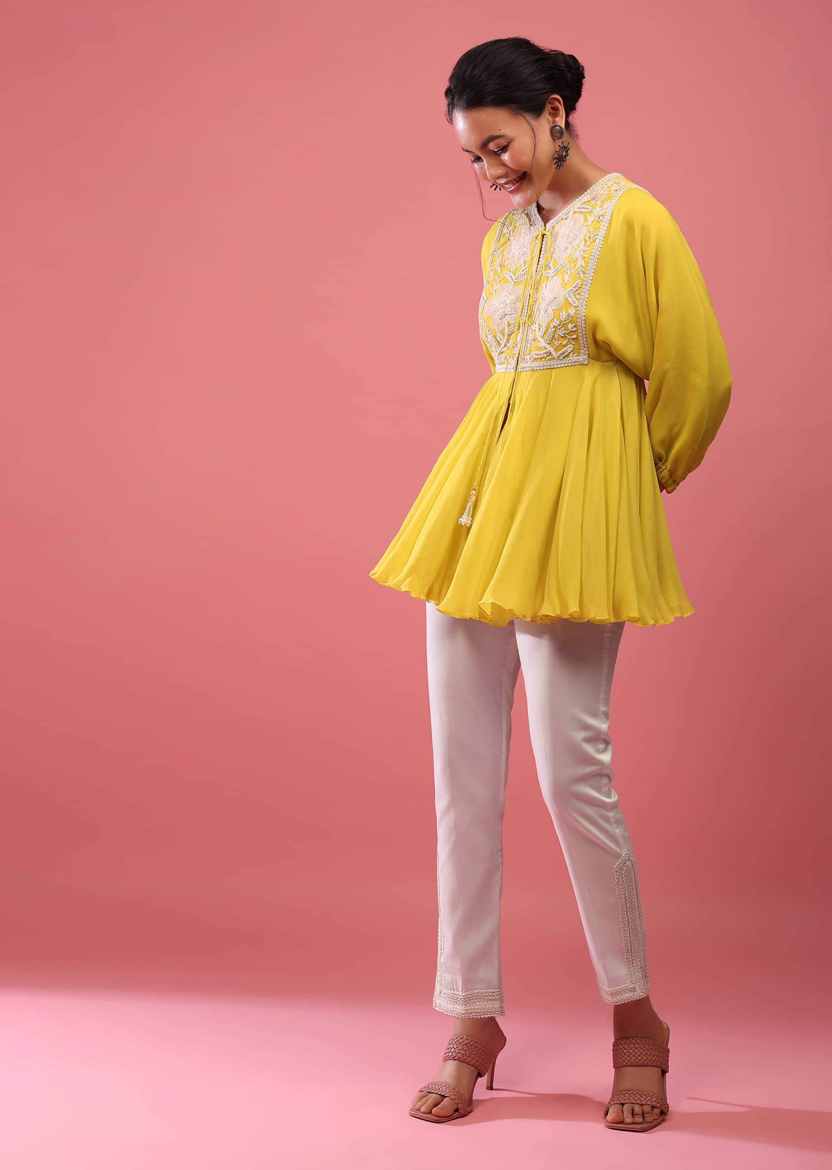 Aurora Yellow Top & Pant Set In Georgette With Empire Line Cut And Embroidery