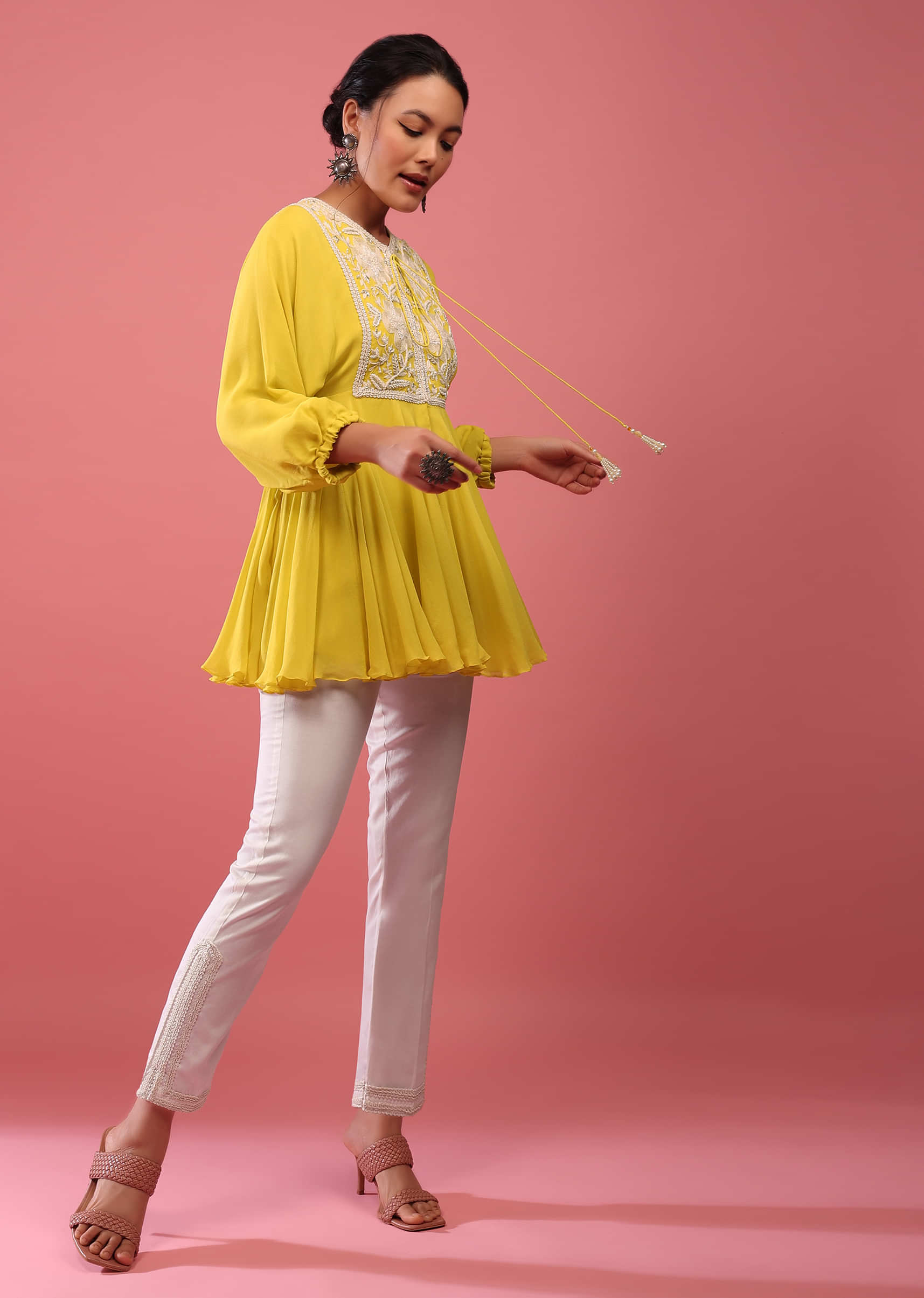 Cyber Yellow Top And Pant Set In Georgette With Empire Line Cut And Embroidery