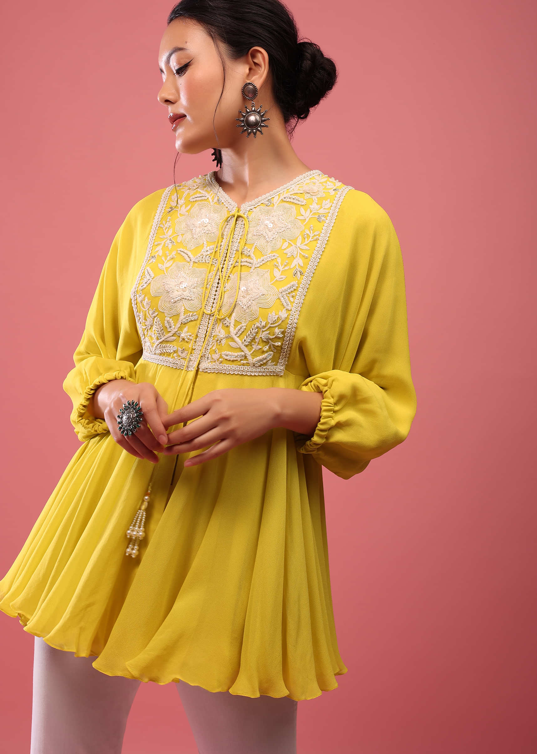 Cyber Yellow Top And Pant Set In Georgette With Empire Line Cut And Embroidery